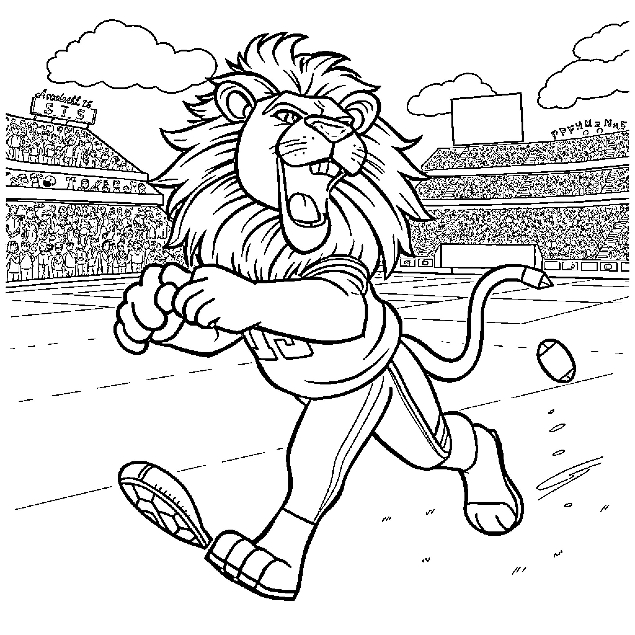 Lion Running on Sports Field with Crowd Coloring Page (free black-and-white line drawing printable PDF for all, from beginners to advanced learners, including children, teens, adults, and seniors)