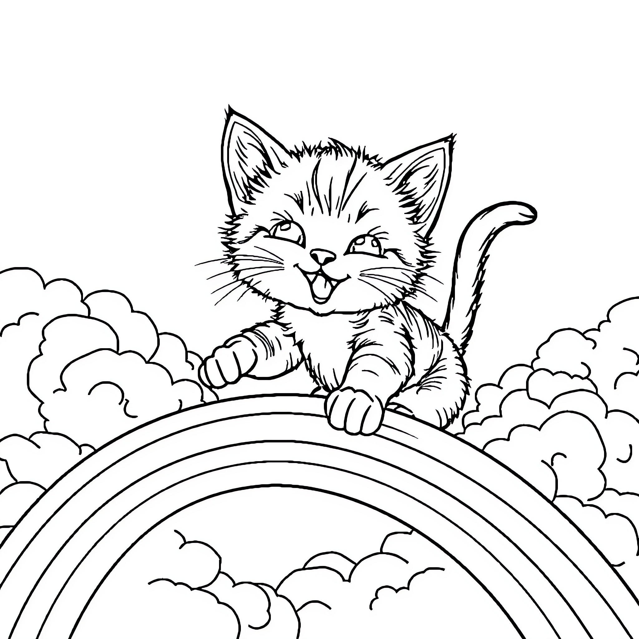 Kitten playing joyfully on a rainbow Coloring Page (free black-and-white line drawing printable PDF for all, from beginners to advanced learners, including children, teens, adults, and seniors)