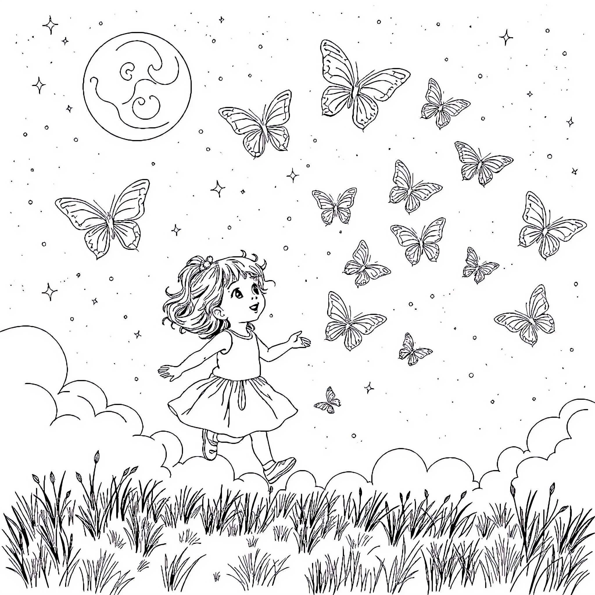 Girl dancing amidst butterflies in a starry night Coloring Page (free black-and-white line drawing printable PDF for all, from beginners to advanced learners, including children, teens, adults, and seniors)