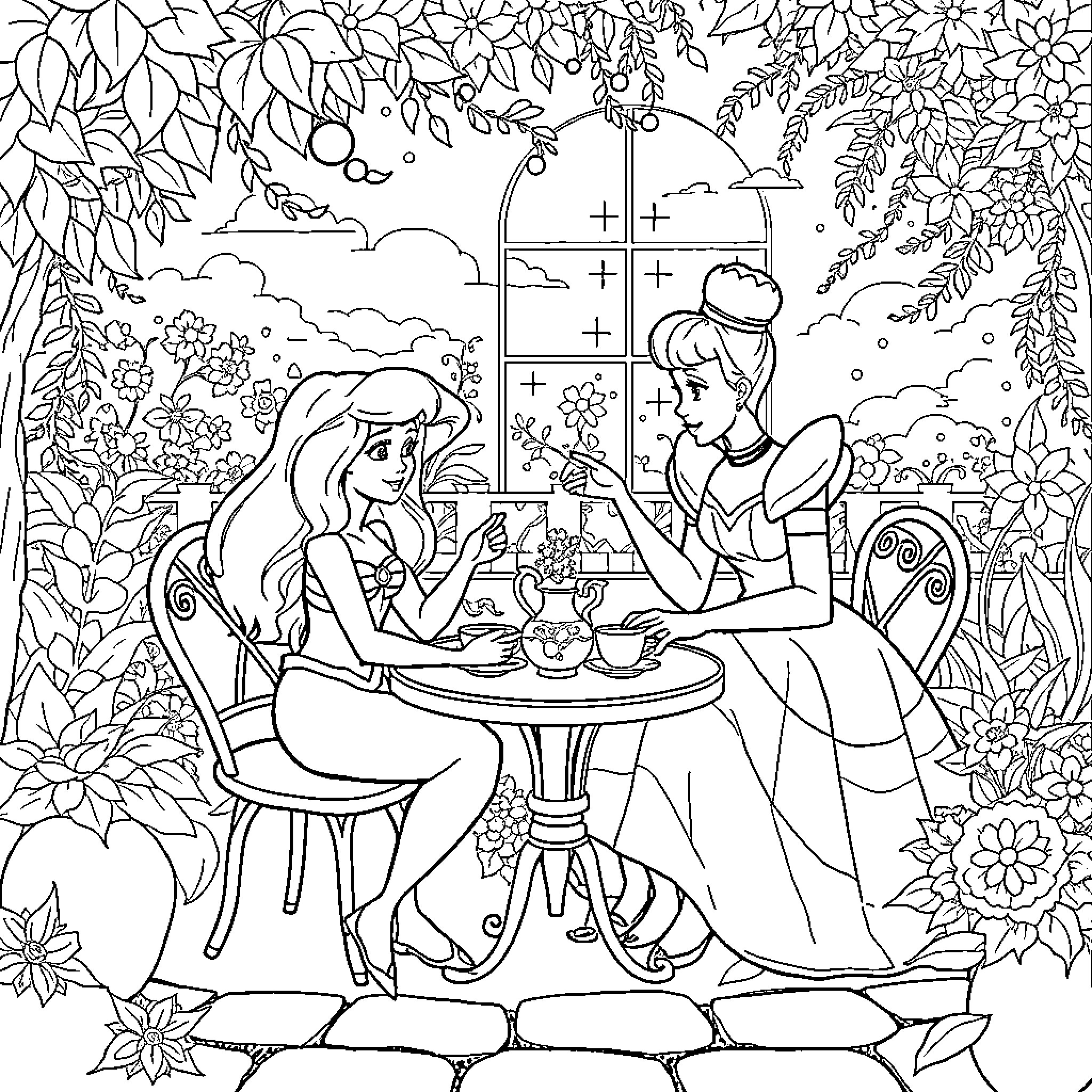 Mermaid's Whimsical Garden Tea Party Coloring Page (free black-and-white line drawing printable PDF for all, from beginners to advanced learners, including children, teens, adults, and seniors)