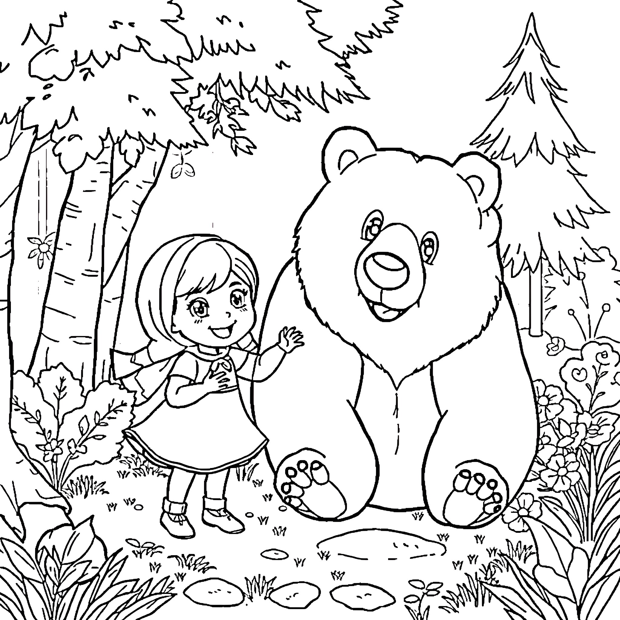 Masha exploring the forest with a friendly bear Coloring Page (free black-and-white line drawing printable PDF for all, from beginners to advanced learners, including children, teens, adults, and seniors)
