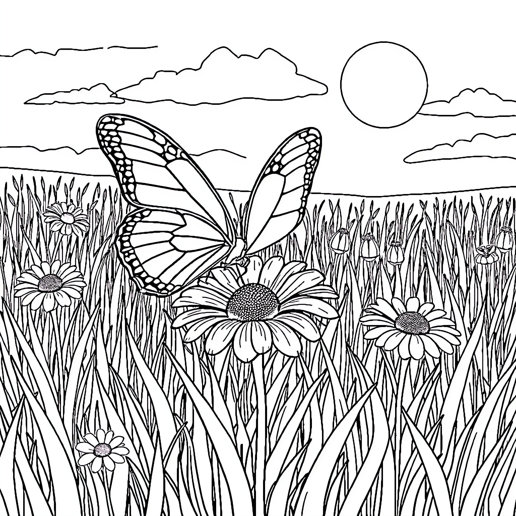 Butterfly Resting on Flowers in Serene Landscape Coloring Page (free black-and-white line drawing printable PDF for all, from beginners to advanced learners, including children, teens, adults, and seniors)