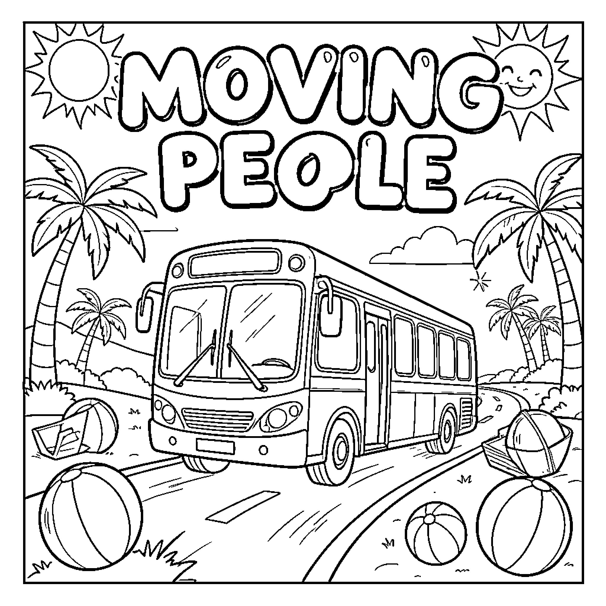 Bus Transporting People on a Tropical Journey Coloring Page (free black-and-white line drawing printable PDF for all, from beginners to advanced learners, including children, teens, adults, and seniors)