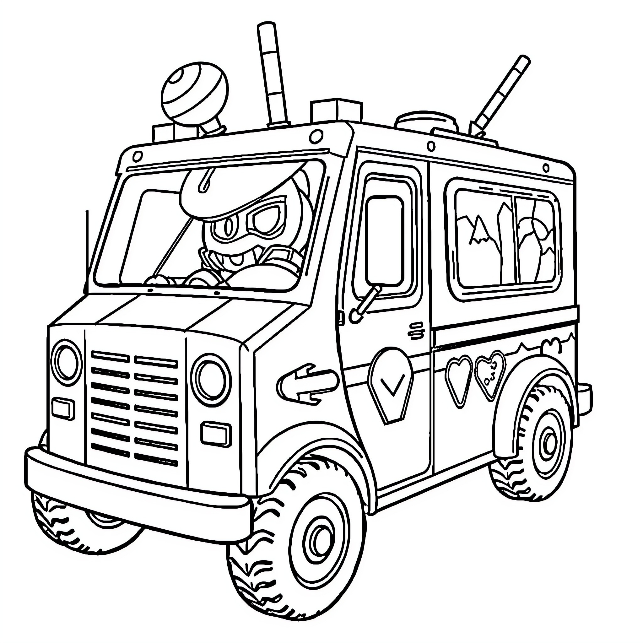 Ice Cream Truck with Cartoon Driver and Decorations Coloring Page (free black-and-white line drawing printable PDF for all, from beginners to advanced learners, including children, teens, adults, and seniors)