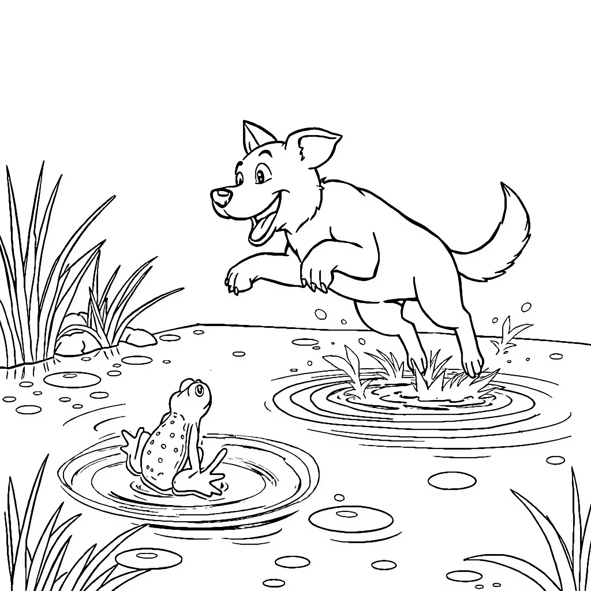 Dog Playing Happily in Puddle with Frog Coloring Page (free black-and-white line drawing printable PDF for all, from beginners to advanced learners, including children, teens, adults, and seniors)