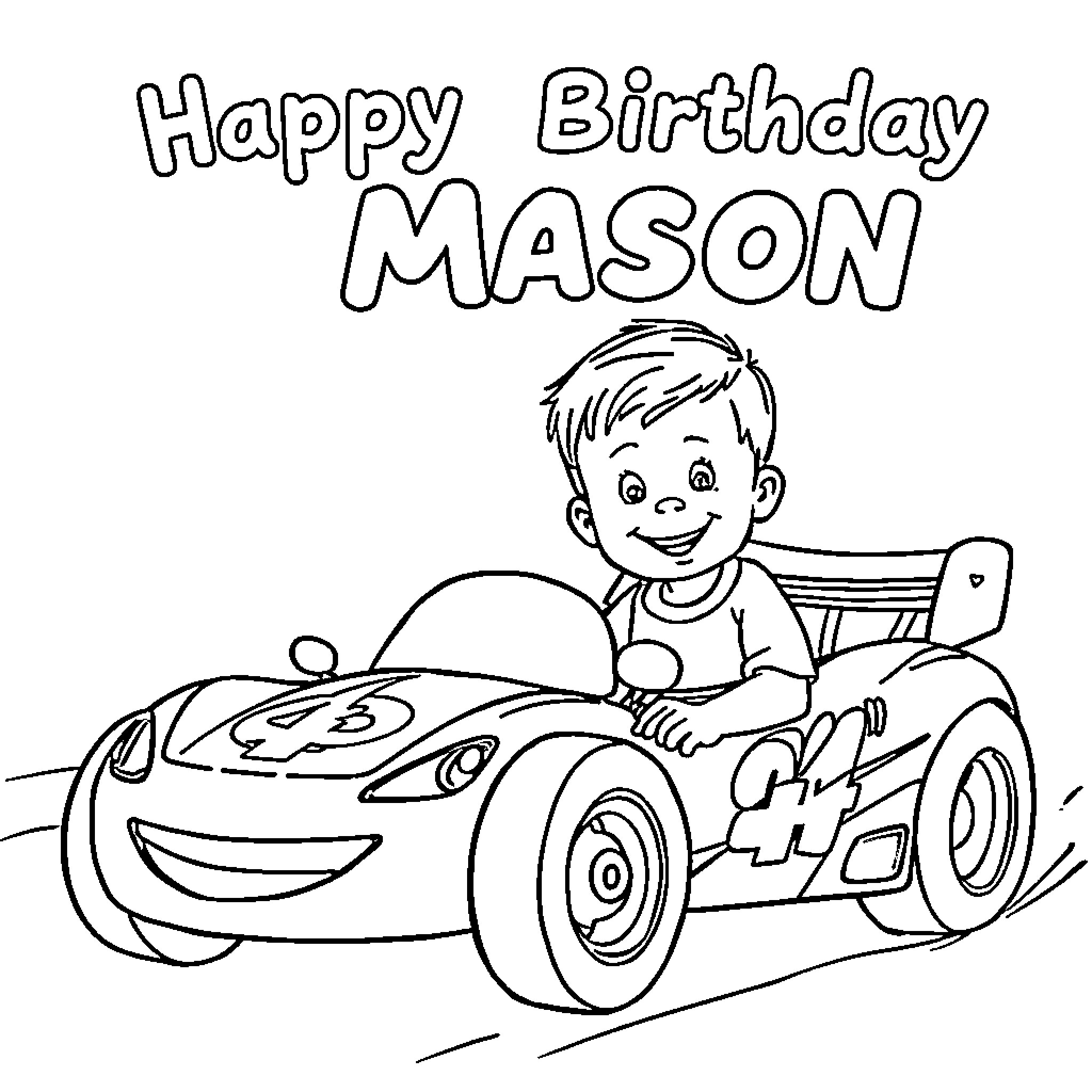 Race Car Happy Birthday Mason Coloring Page (free black-and-white line drawing printable PDF for all, from beginners to advanced learners, including children, teens, adults, and seniors)