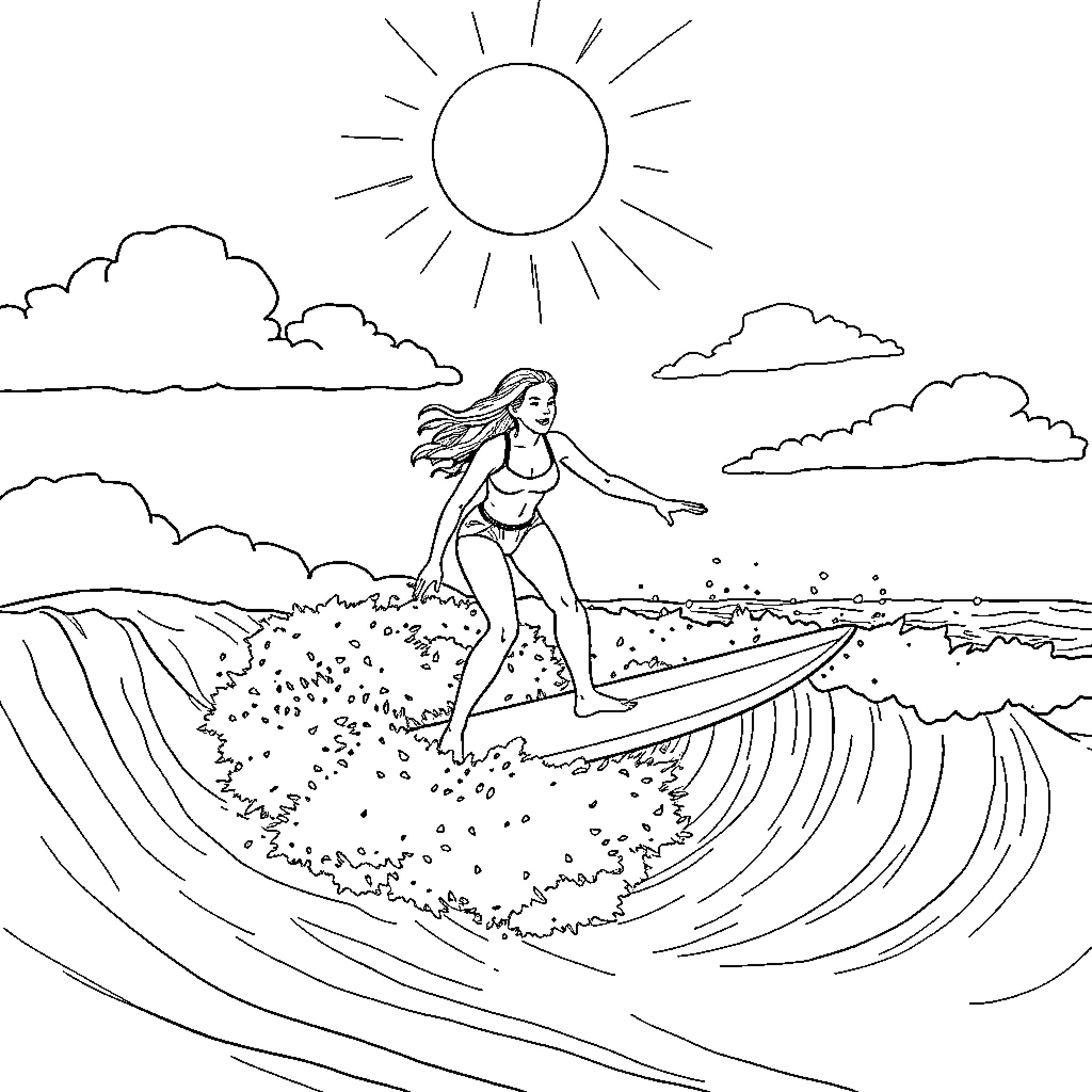 Caitlin Clark surfing on the waves Coloring Page (free black-and-white line drawing printable PDF for all, from beginners to advanced learners, including children, teens, adults, and seniors)