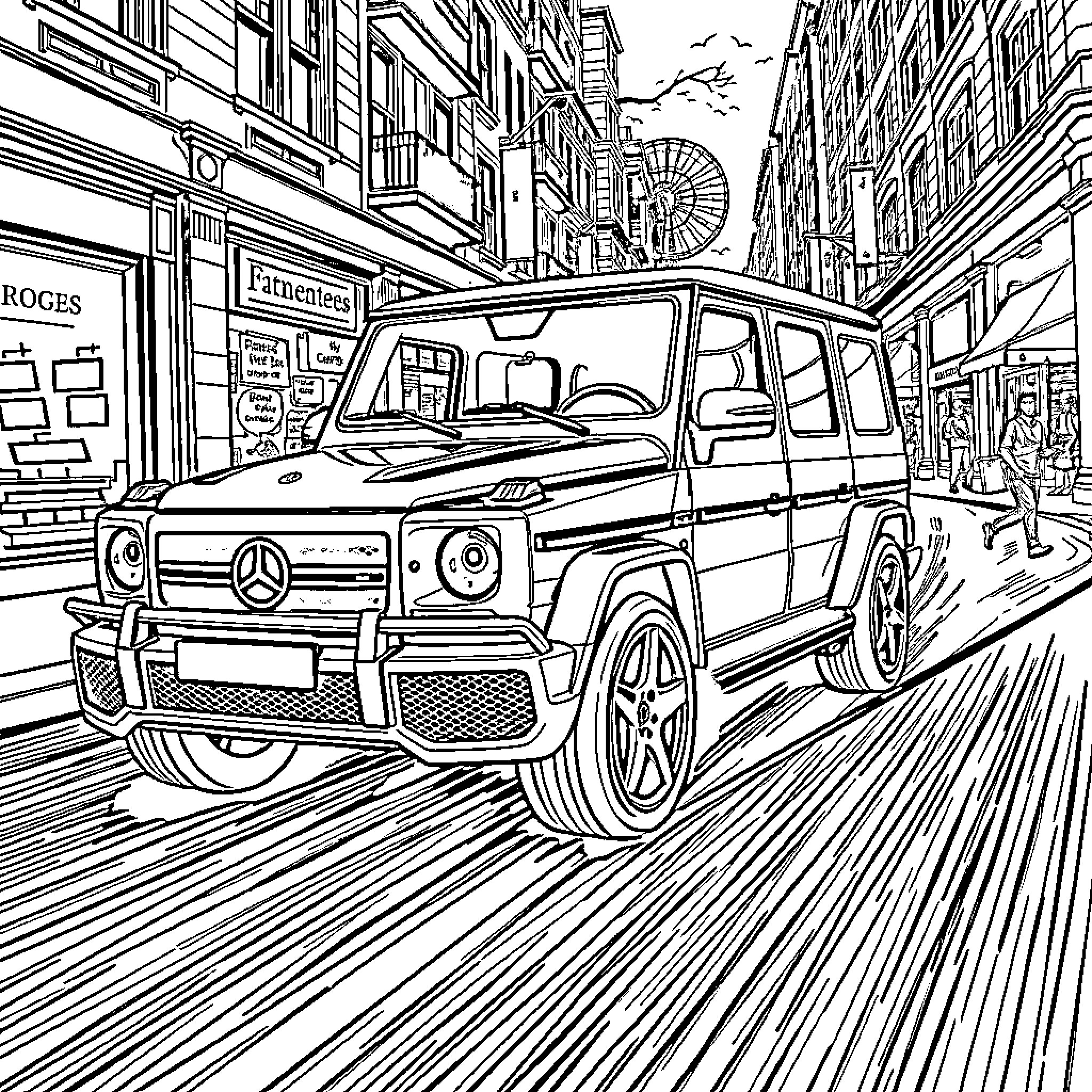 G-Class luxury SUV in busy city street Coloring Page (free black-and-white line drawing printable PDF for all, from beginners to advanced learners, including children, teens, adults, and seniors)