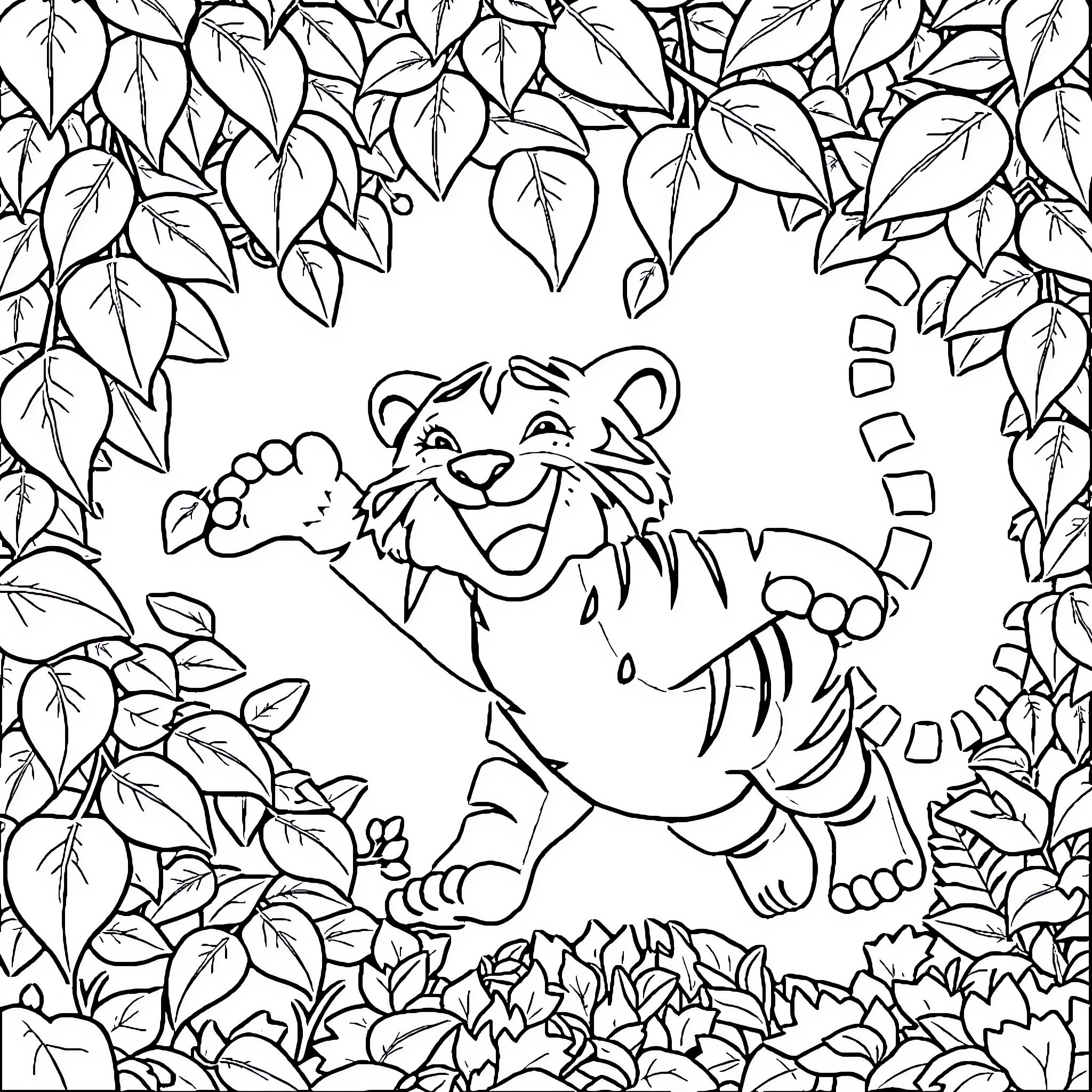 Tiger peeking playfully through lush foliage Coloring Page (free black-and-white line drawing printable PDF for all, from beginners to advanced learners, including children, teens, adults, and seniors)