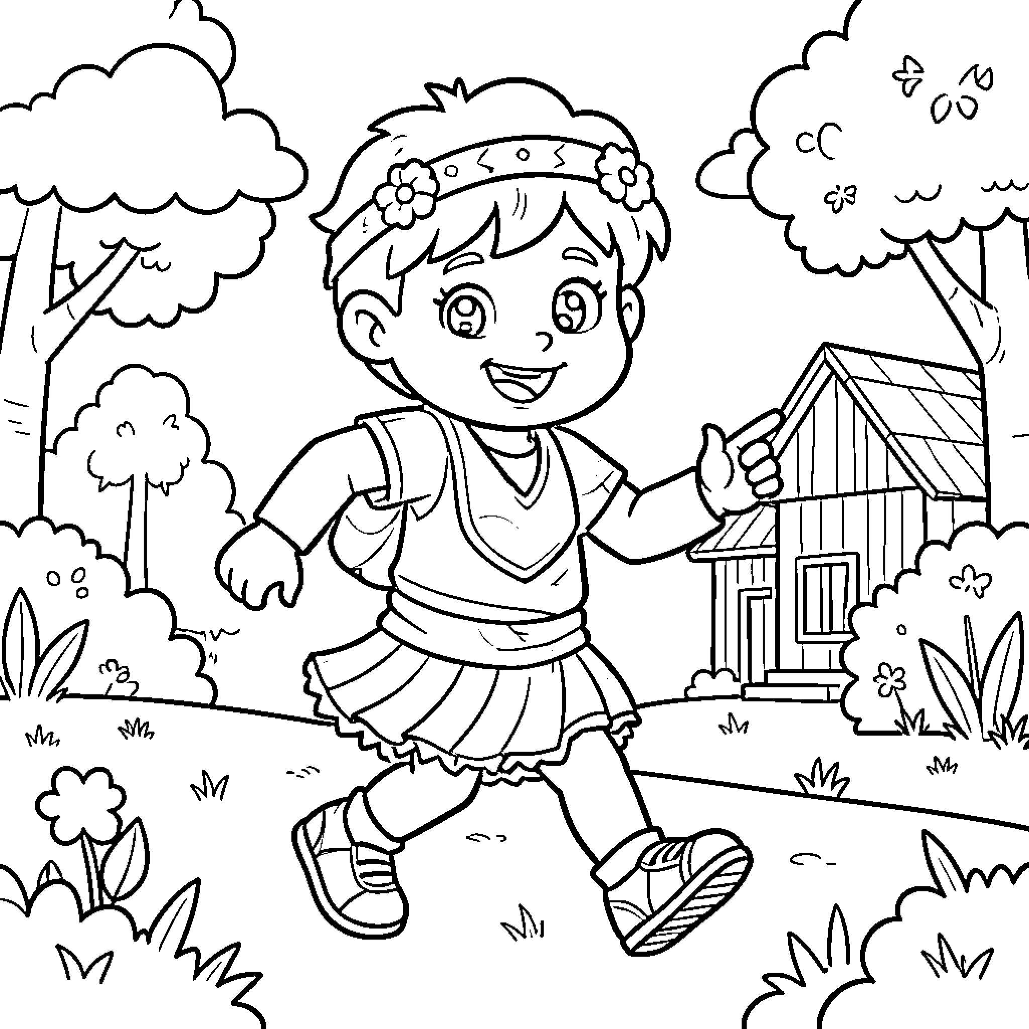 Mamboreta's Outdoor Adventure Coloring Page (free black-and-white line drawing printable PDF for all, from beginners to advanced learners, including children, teens, adults, and seniors)