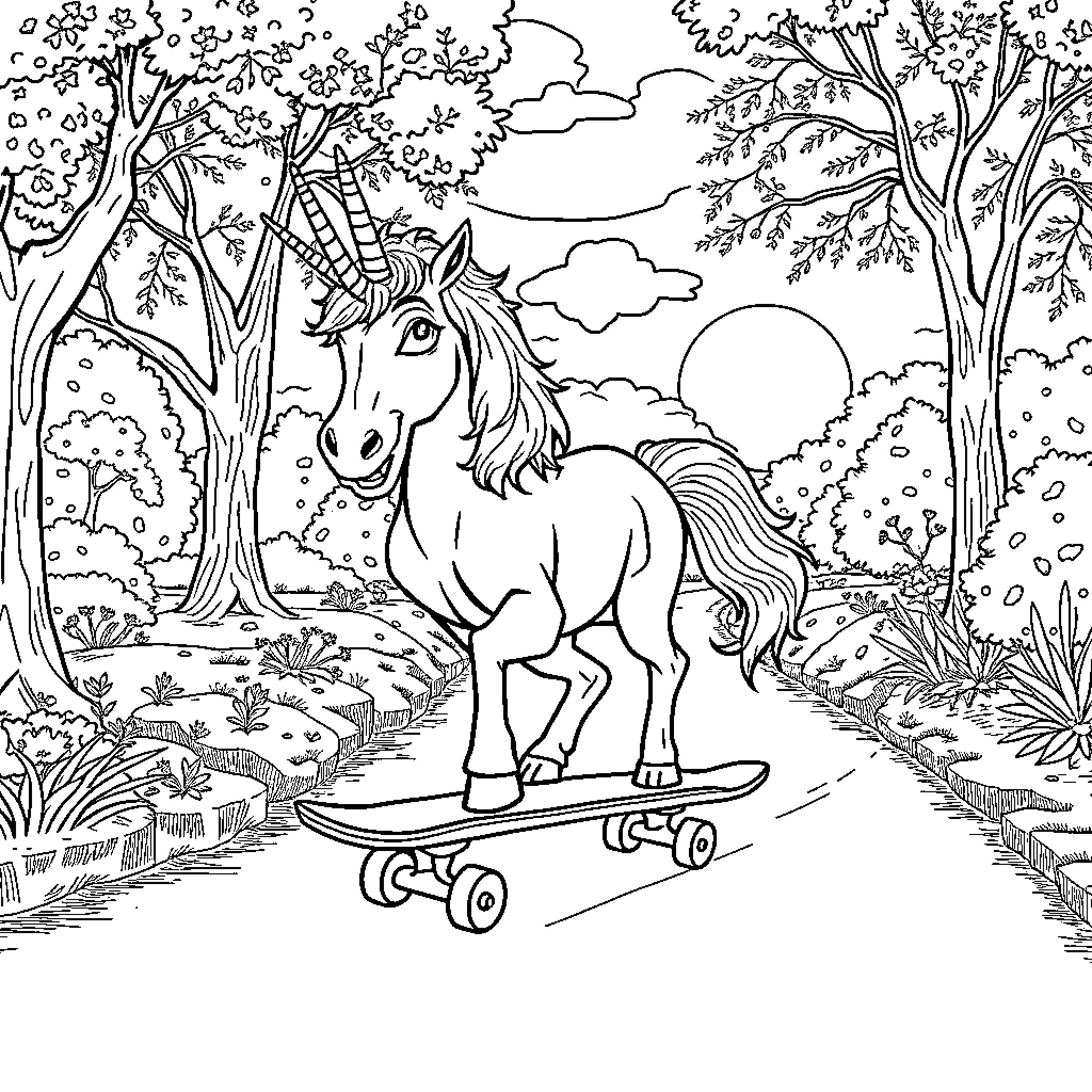 Centaur skateboarding through enchanted forest Coloring Page (free black-and-white line drawing printable PDF for all, from beginners to advanced learners, including children, teens, adults, and seniors)