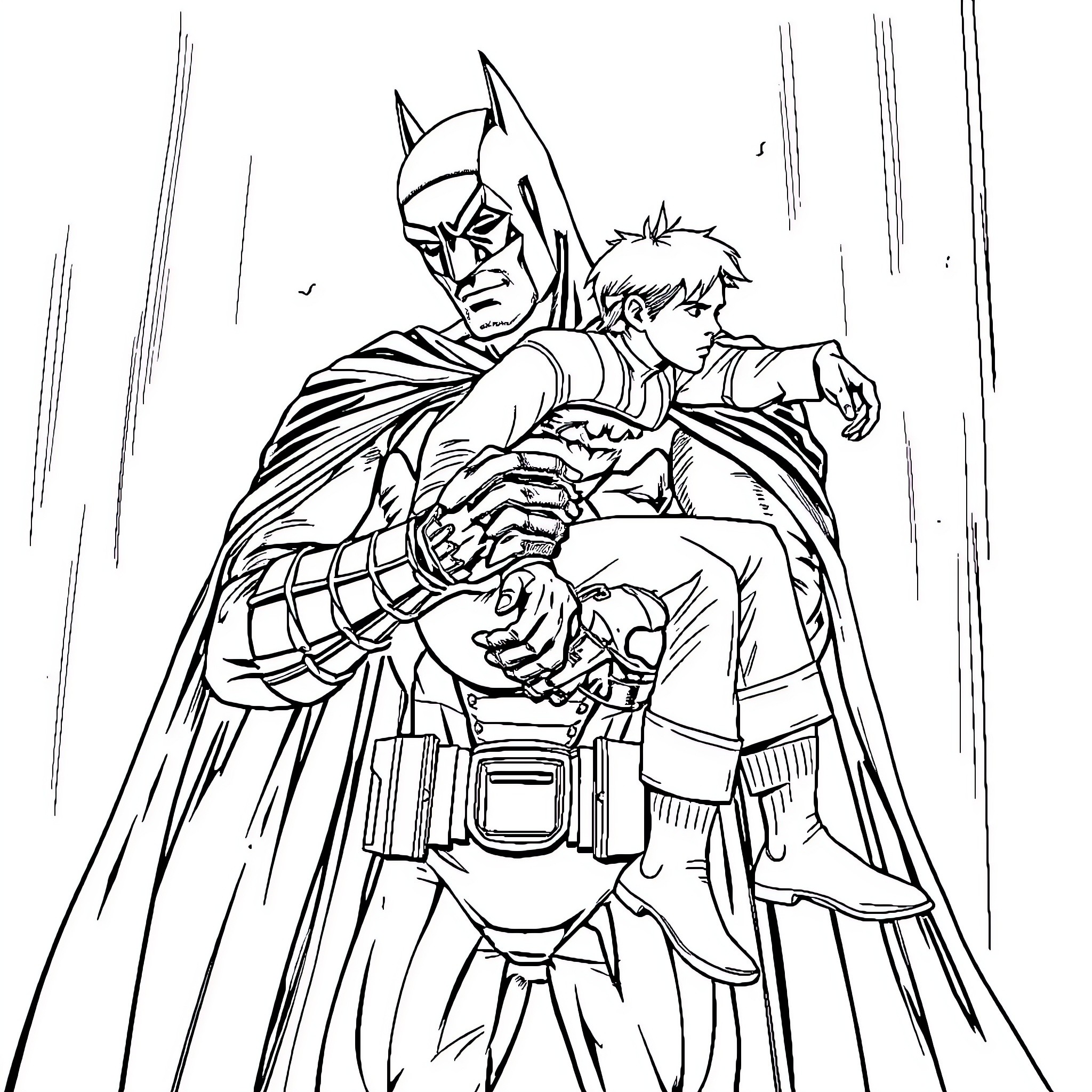 Batman Protecting a Young Companion Coloring Page (free black-and-white line drawing printable PDF for all, from beginners to advanced learners, including children, teens, adults, and seniors)