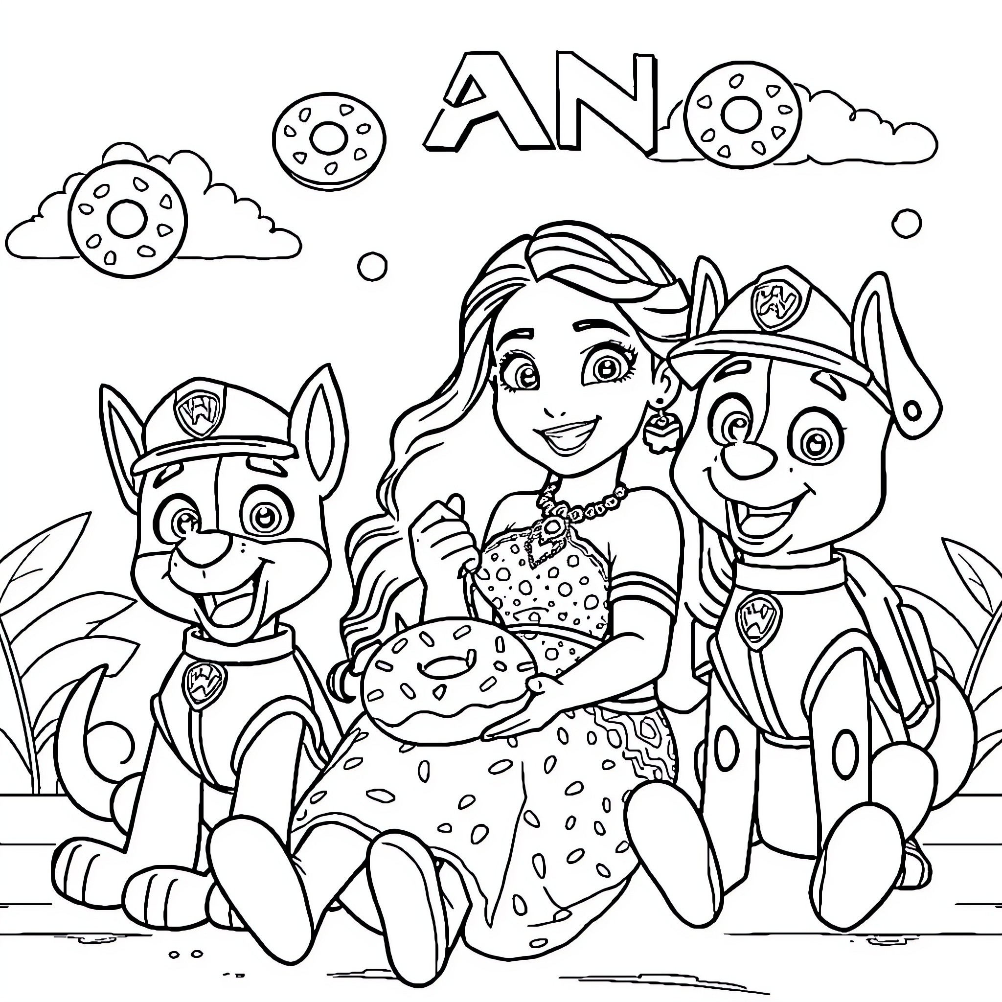 Moana celebrating with Paw Patrol friends Coloring Page (free black-and-white line drawing printable PDF for all, from beginners to advanced learners, including children, teens, adults, and seniors)