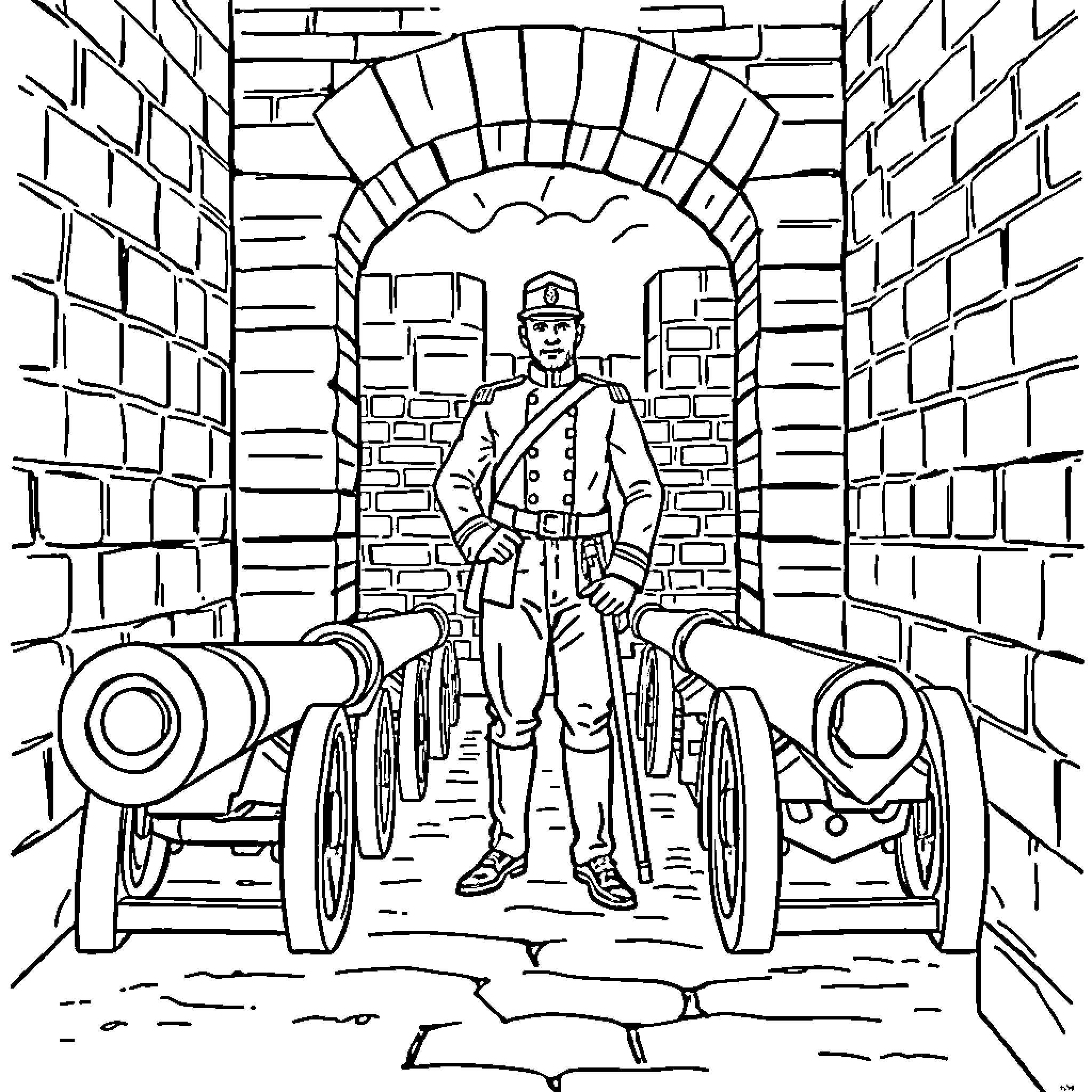 Civil War Soldier Standing Amid Cannons in Fortress Coloring Page (free black-and-white line drawing printable PDF for all, from beginners to advanced learners, including children, teens, adults, and seniors)