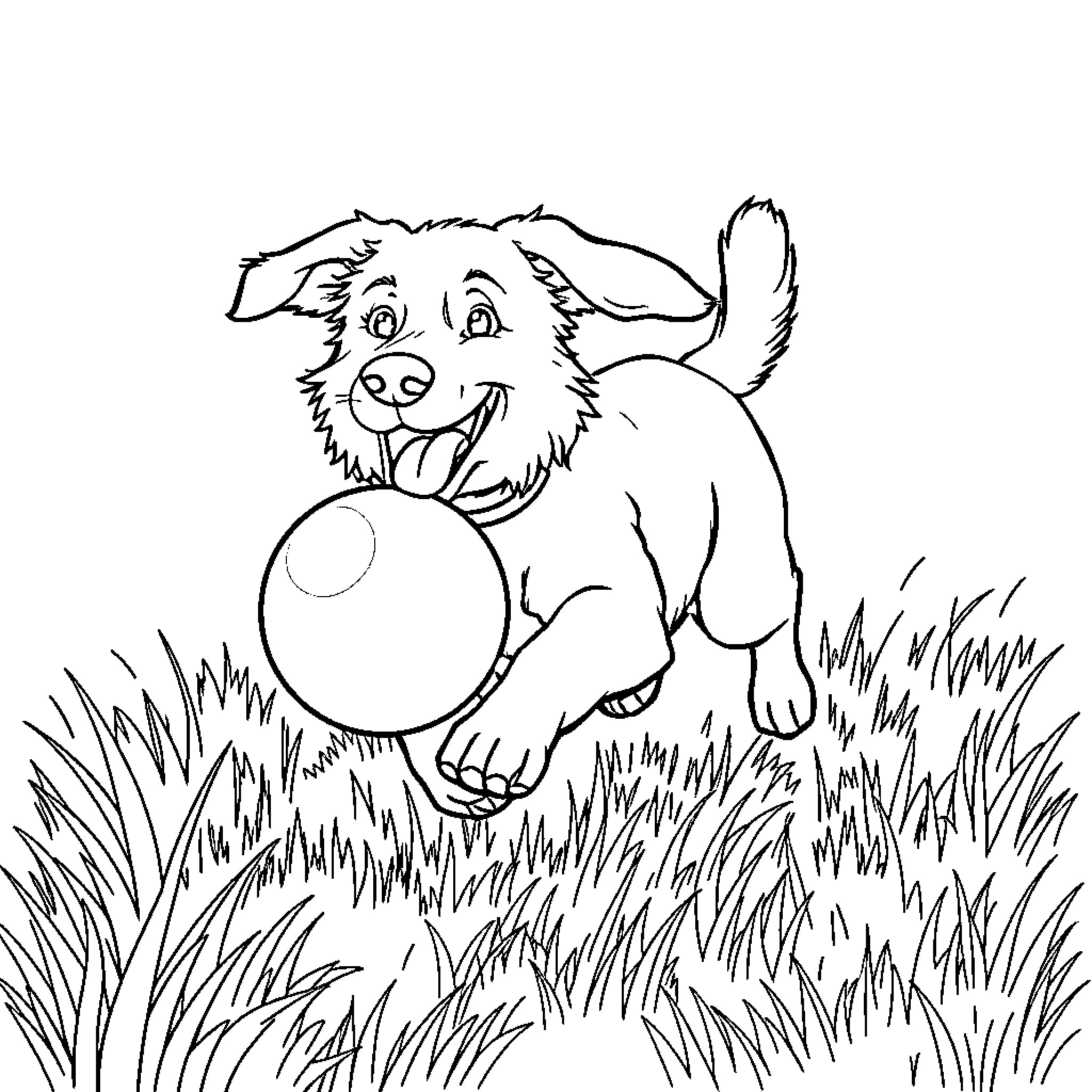 Dog playing joyfully with ball in the grass Coloring Page (free black-and-white line drawing printable PDF for all, from beginners to advanced learners, including children, teens, adults, and seniors)