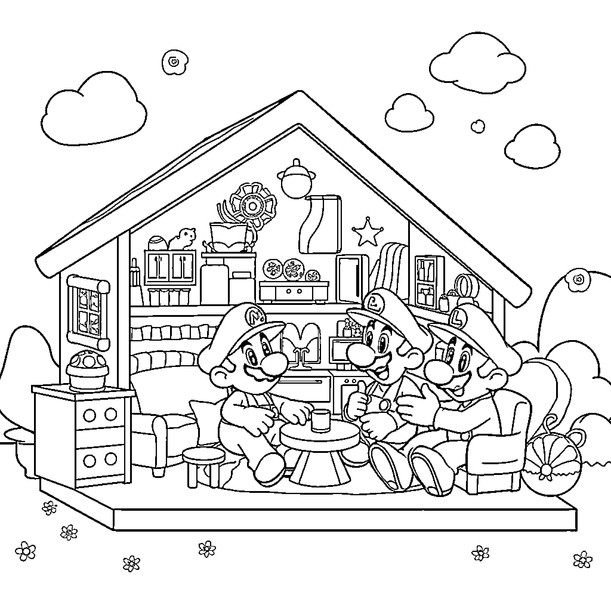Dollhouse of playful characters and lively scenes Coloring Page (free black-and-white line drawing printable PDF for all, from beginners to advanced learners, including children, teens, adults, and seniors)