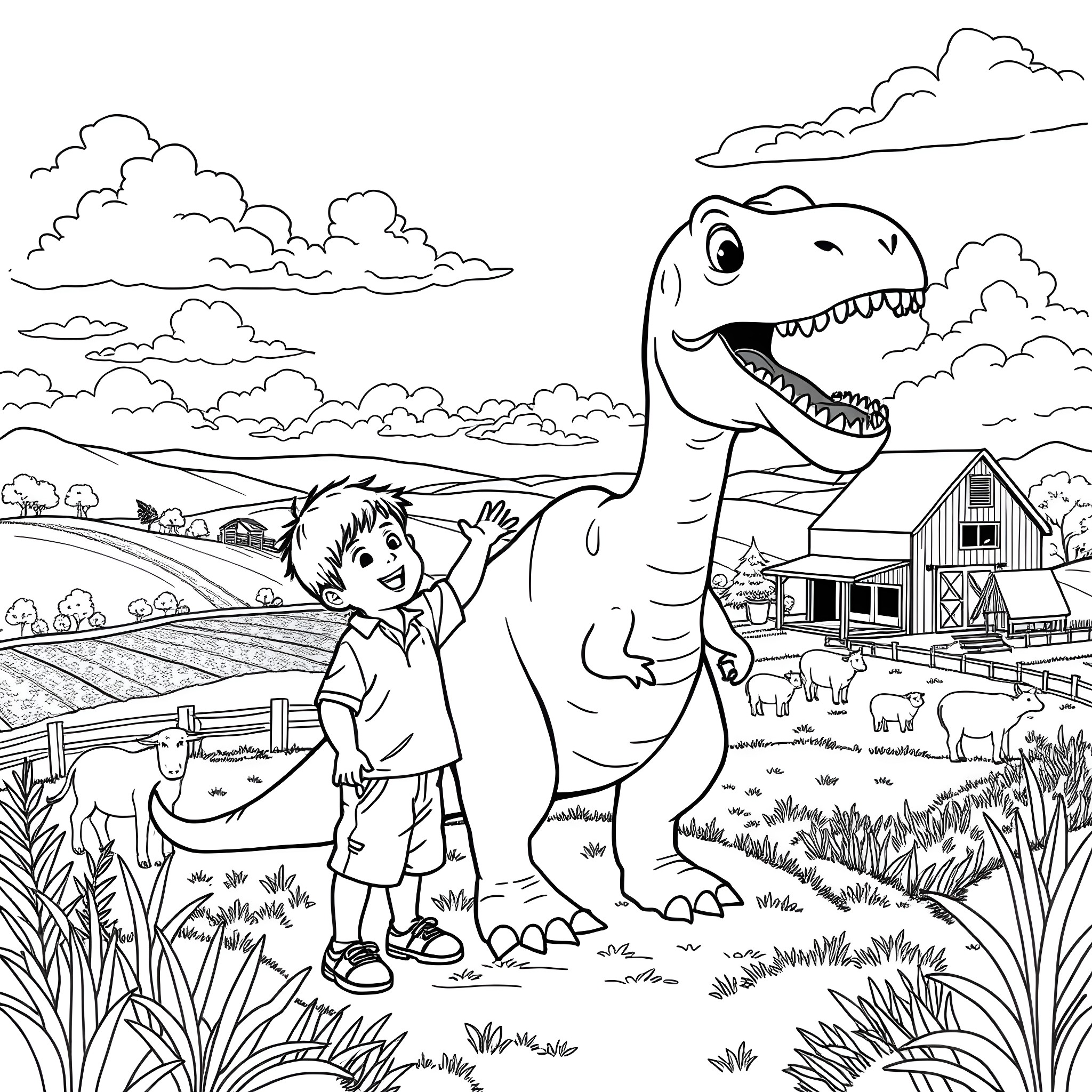 Boy exploring the countryside with a dinosaur Coloring Page (free black-and-white line drawing printable PDF for all, from beginners to advanced learners, including children, teens, adults, and seniors)