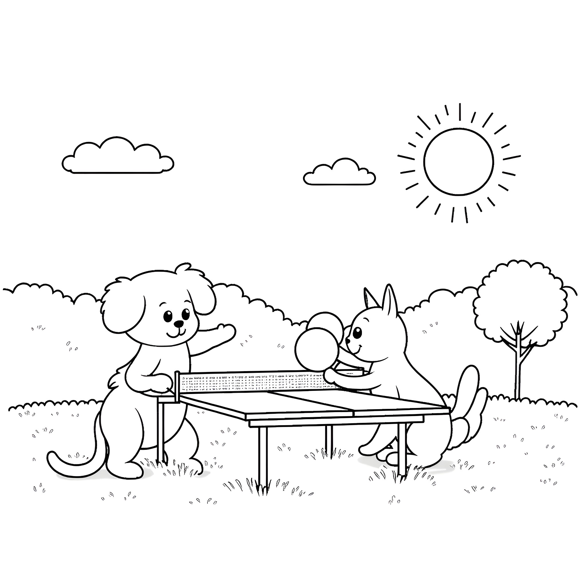 Cats playing happily on a ping pong table Coloring Page (free black-and-white line drawing printable PDF for all, from beginners to advanced learners, including children, teens, adults, and seniors)