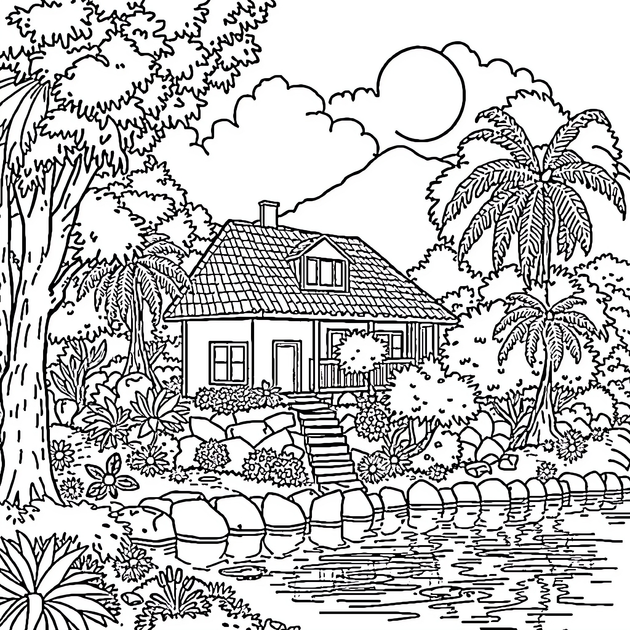 House in a Lush Tropical Landscape Coloring Page (free black-and-white line drawing printable PDF for all, from beginners to advanced learners, including children, teens, adults, and seniors)