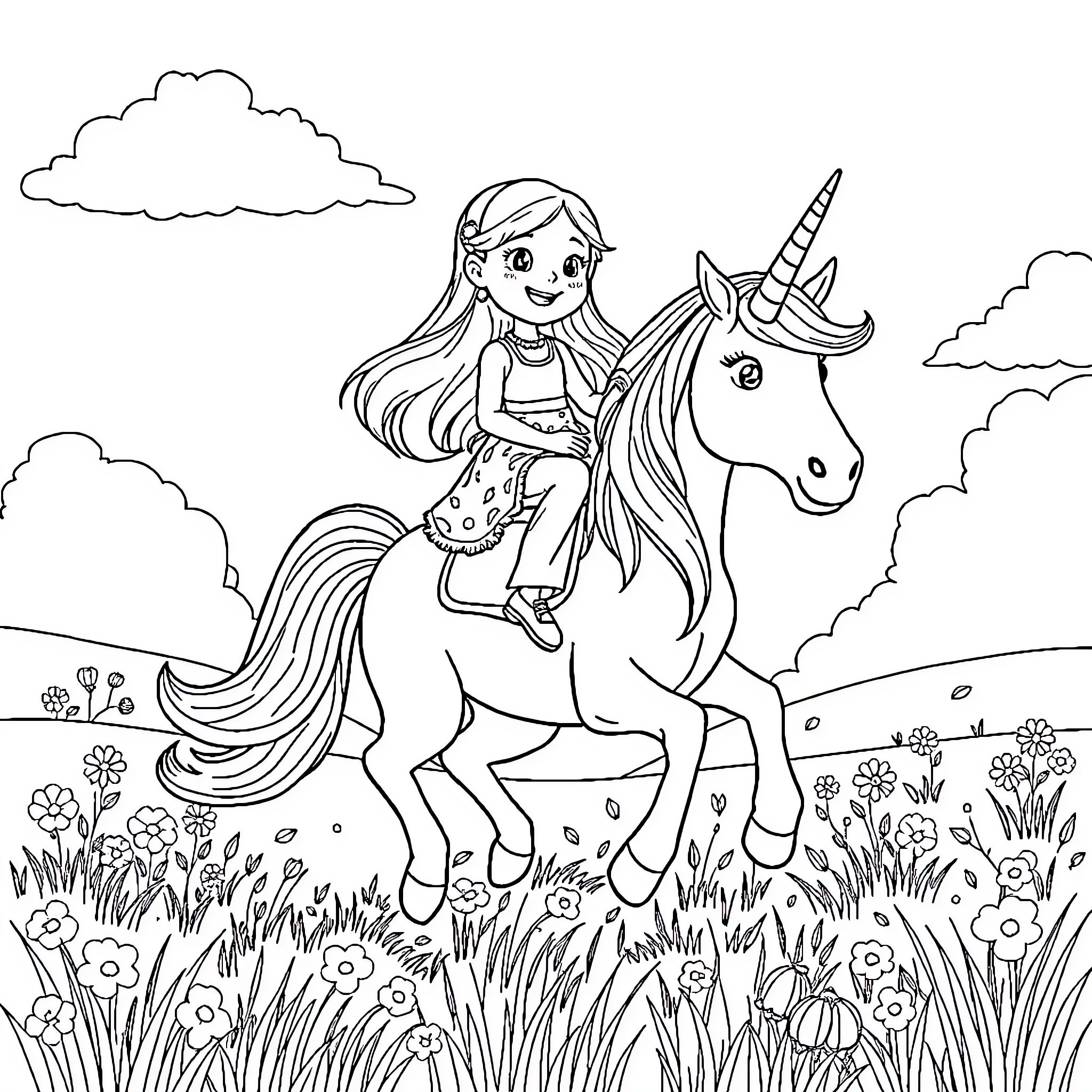Unicorn Girl Riding Magical Unicorn in Enchanted Meadow Coloring Page (free black-and-white line drawing printable PDF for all, from beginners to advanced learners, including children, teens, adults, and seniors)