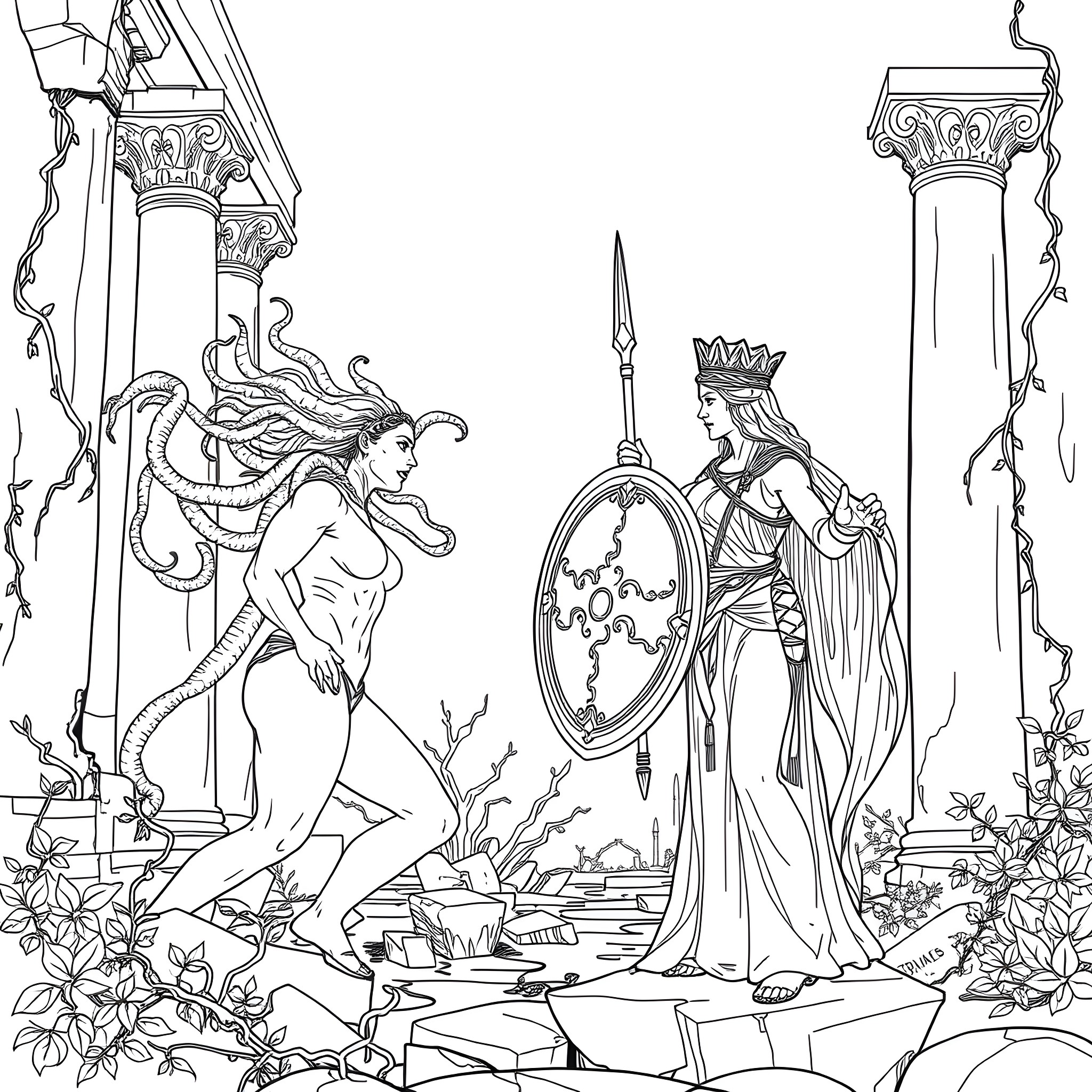 Medusa facing off against a powerful queen Coloring Page (free black-and-white line drawing printable PDF for all, from beginners to advanced learners, including children, teens, adults, and seniors)