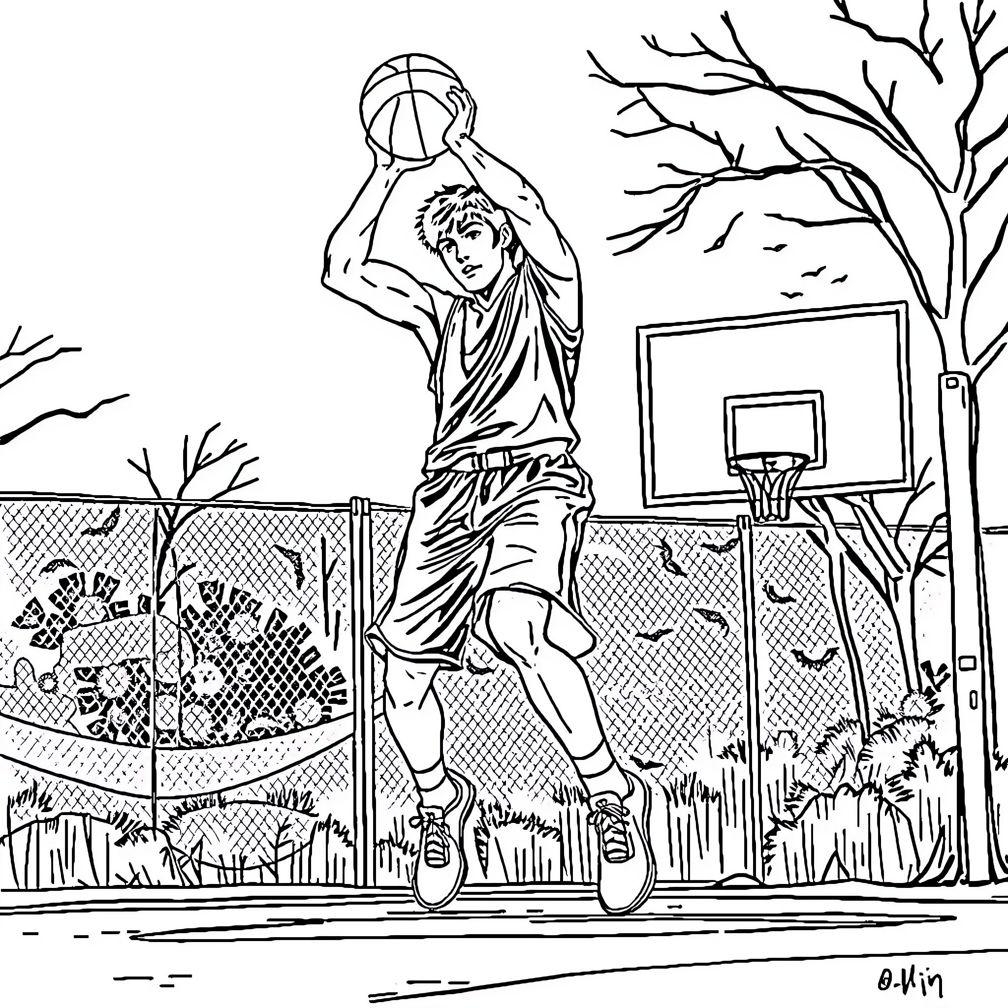 Levi Ackerman Dunking a Basketball on an Outdoor Court Coloring Page (free black-and-white line drawing printable PDF for all, from beginners to advanced learners, including children, teens, adults, and seniors)