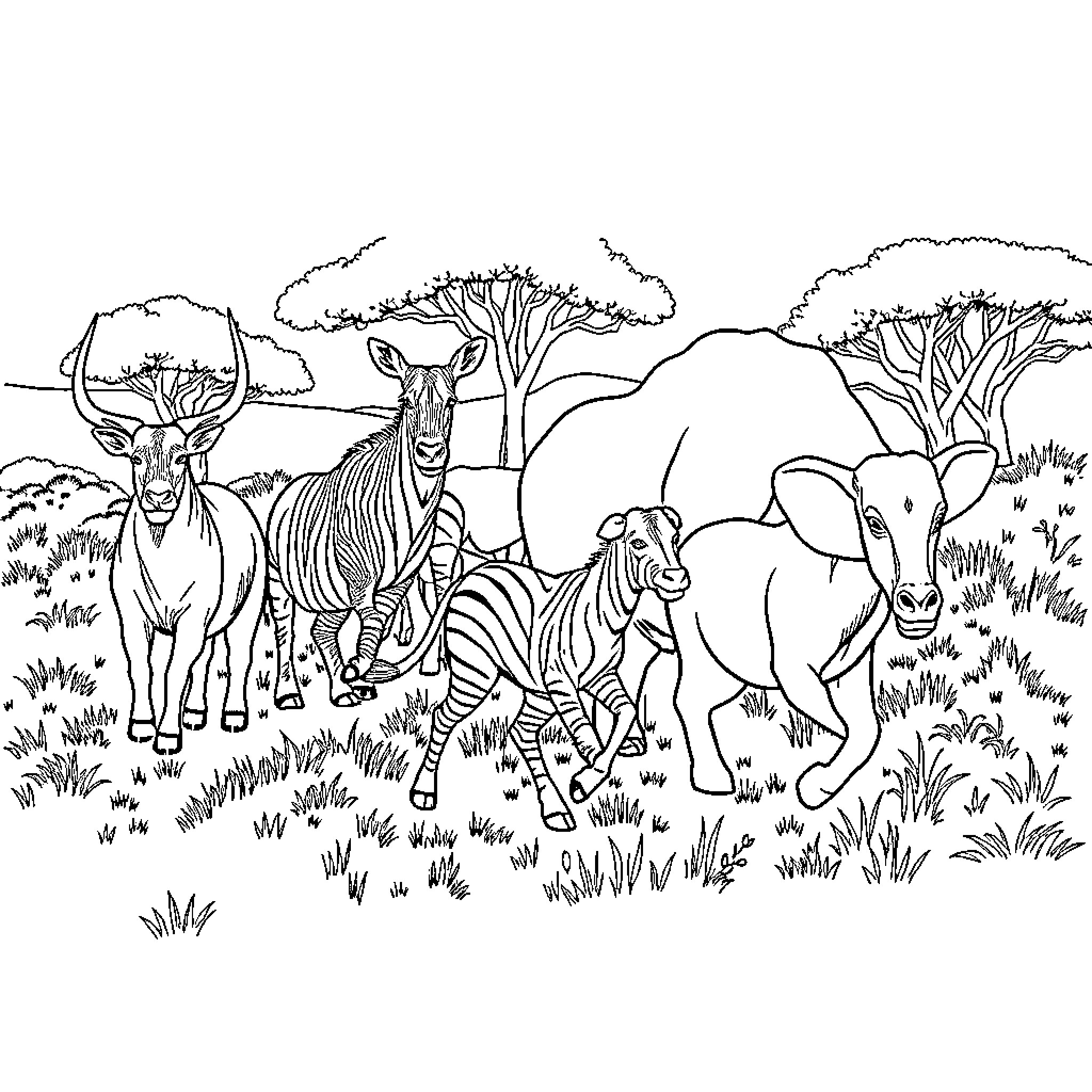 Wildlife Animals in the Savanna Landscape Coloring Page (free black-and-white line drawing printable PDF for all, from beginners to advanced learners, including children, teens, adults, and seniors)