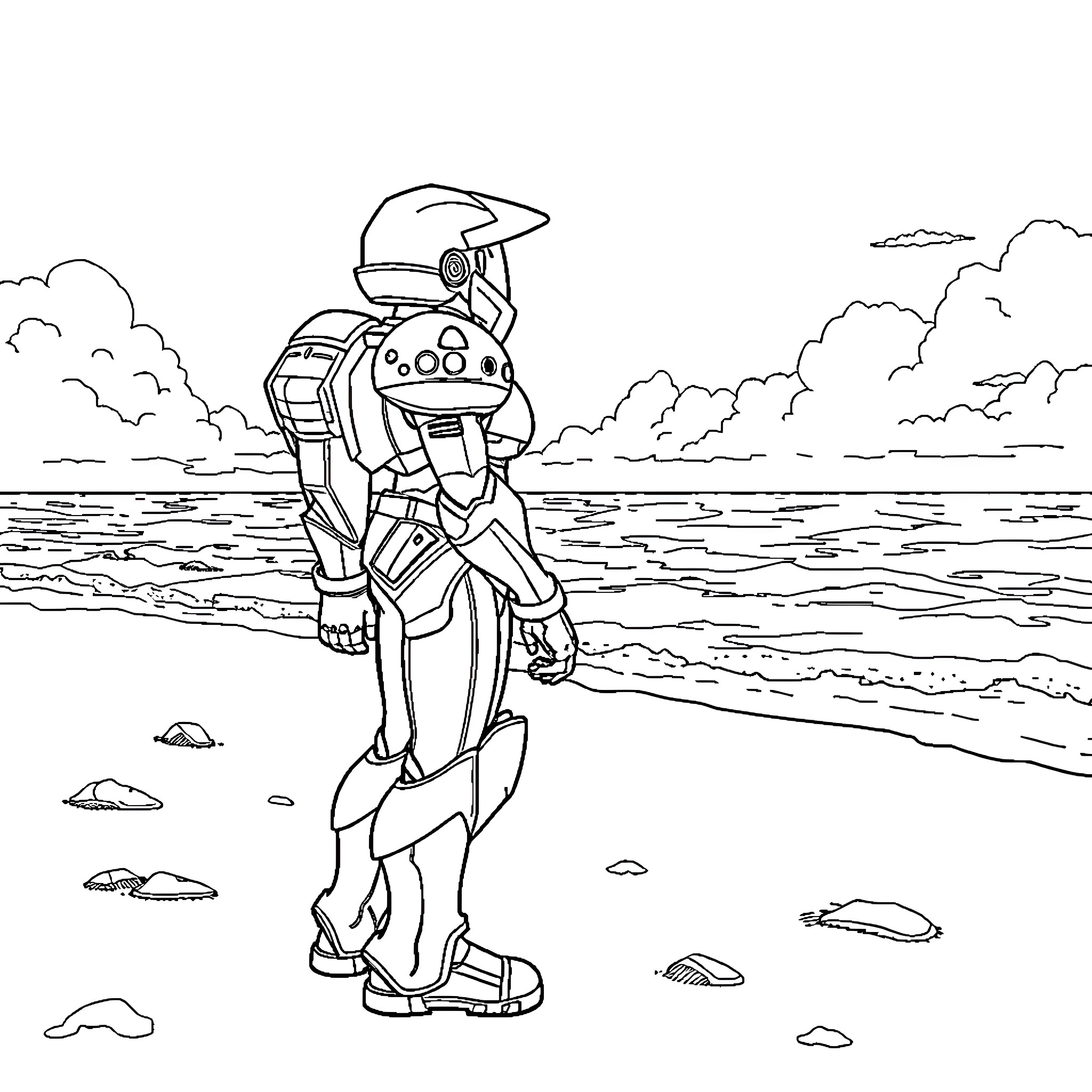 Samus exploring a coastal environment Coloring Page (free black-and-white line drawing printable PDF for all, from beginners to advanced learners, including children, teens, adults, and seniors)