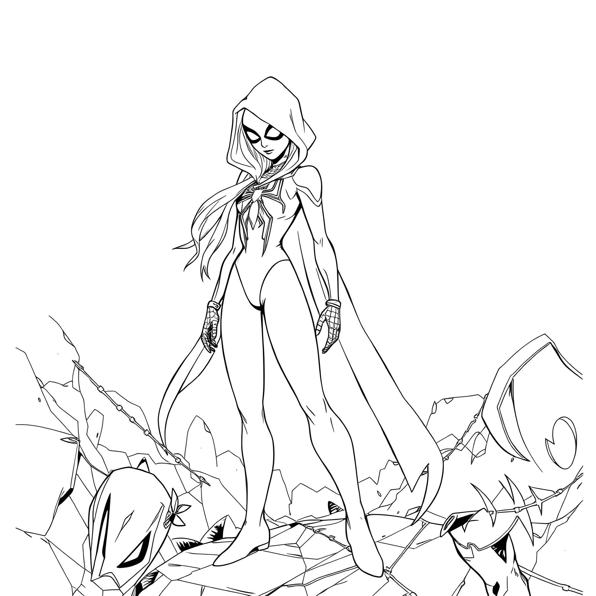 Spider Gwen in action-packed scene Coloring Page (free black-and-white line drawing printable PDF for all, from beginners to advanced learners, including children, teens, adults, and seniors)