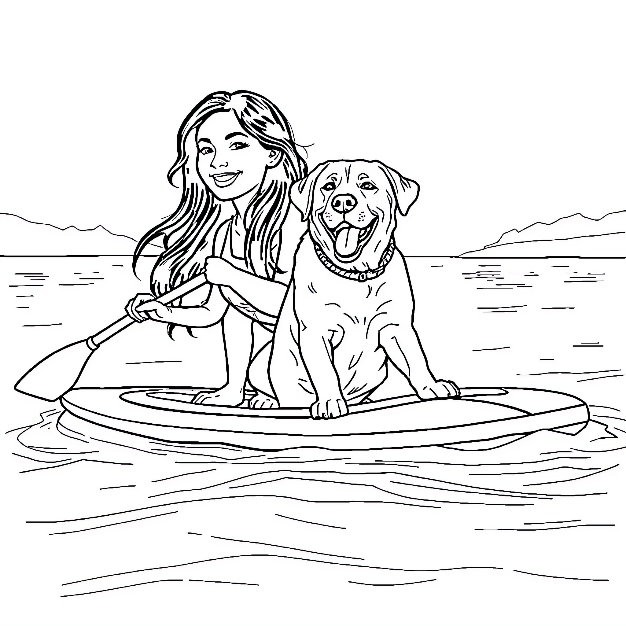 Labrador enjoying outdoor adventure with owner Coloring Page (free black-and-white line drawing printable PDF for all, from beginners to advanced learners, including children, teens, adults, and seniors)