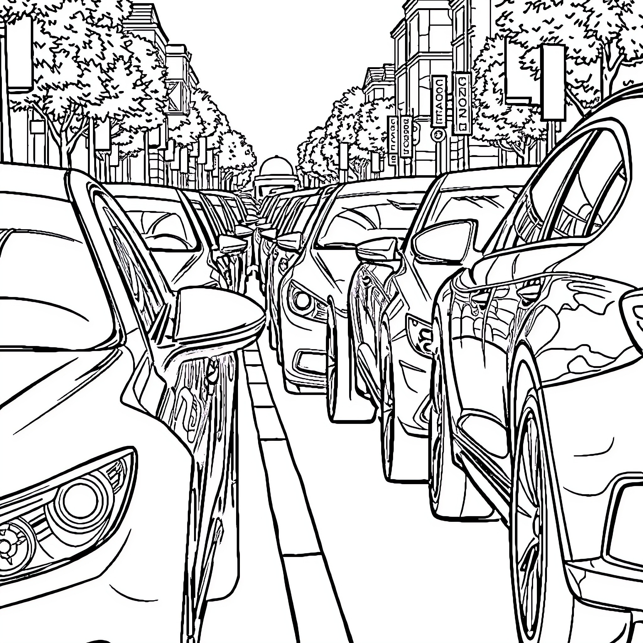 Cars Stuck in Traffic on Urban Street Coloring Page (free black-and-white line drawing printable PDF for all, from beginners to advanced learners, including children, teens, adults, and seniors)