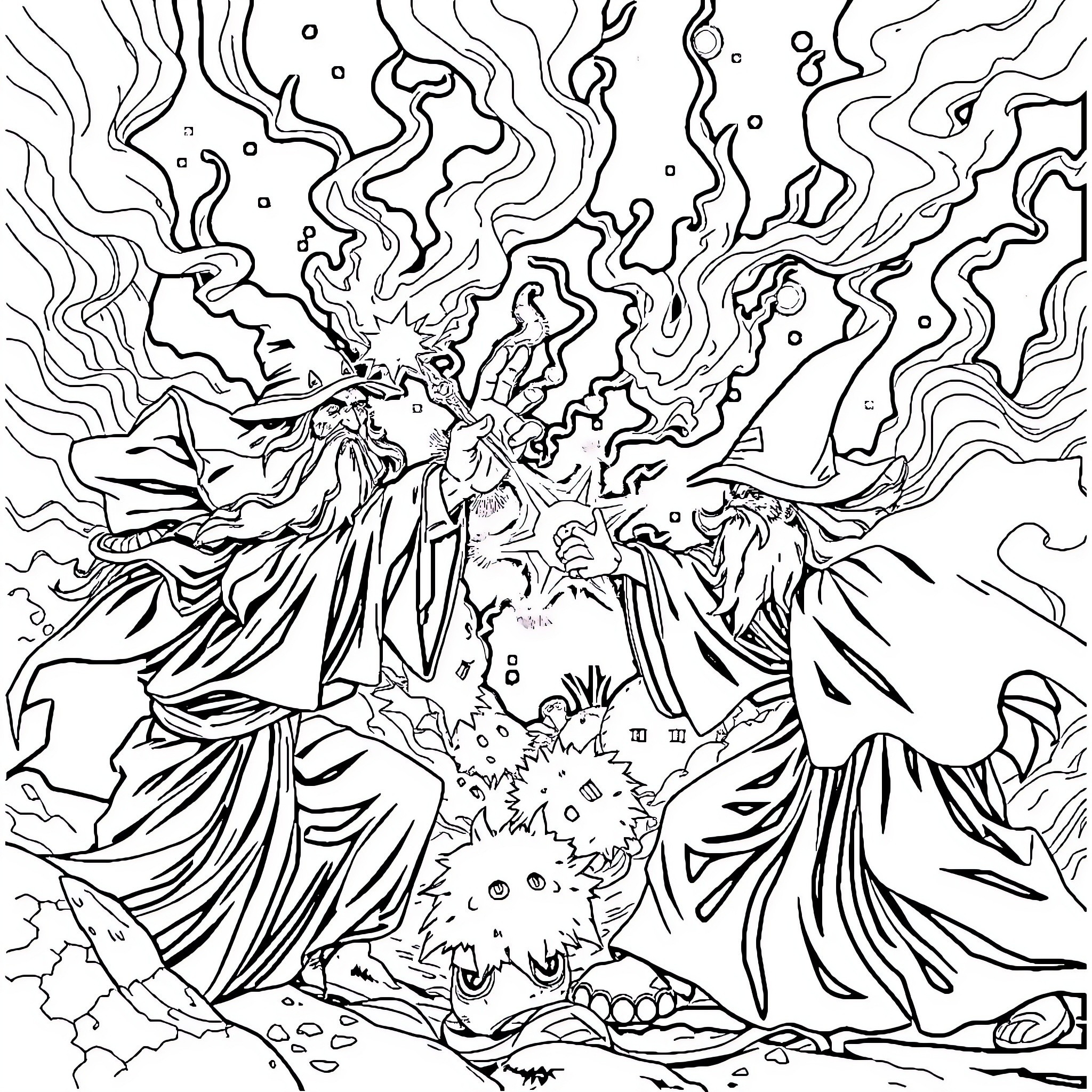 Wizard summoning mystical energy in a surreal landscape Coloring Page (free black-and-white line drawing printable PDF for all, from beginners to advanced learners, including children, teens, adults, and seniors)