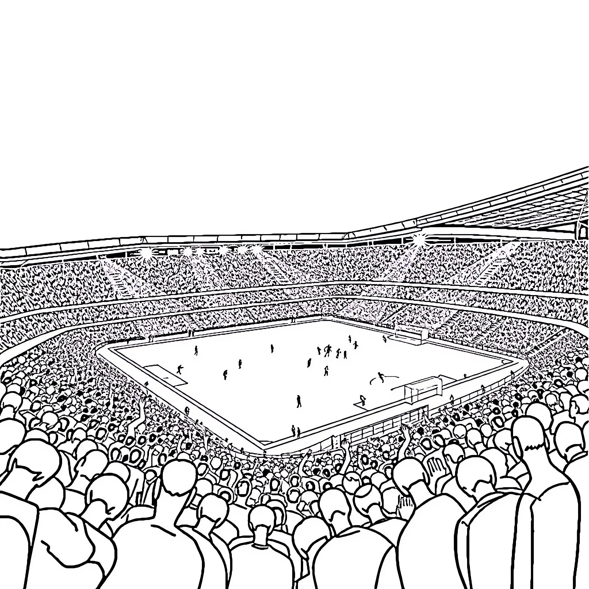 Stade Rennais: Packed Stadium Scene with Athletes on Field Coloring Page (free black-and-white line drawing printable PDF for all, from beginners to advanced learners, including children, teens, adults, and seniors)