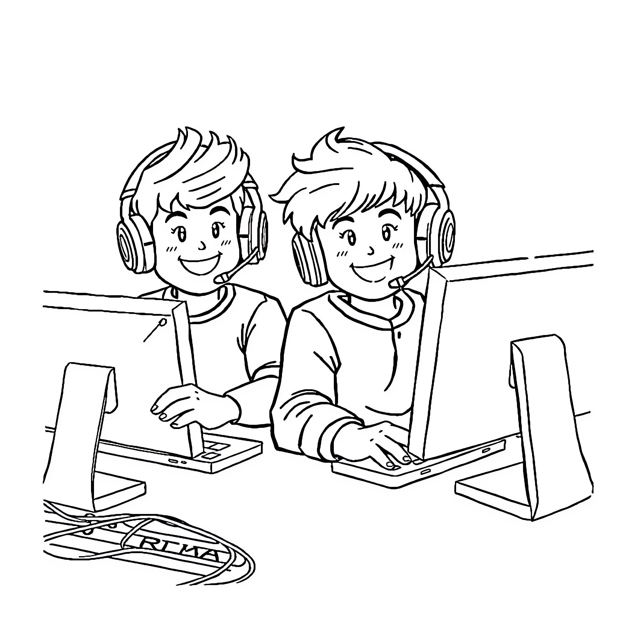 Roblox Kid Enjoying Gaming with Friend Coloring Page (free black-and-white line drawing printable PDF for all, from beginners to advanced learners, including children, teens, adults, and seniors)