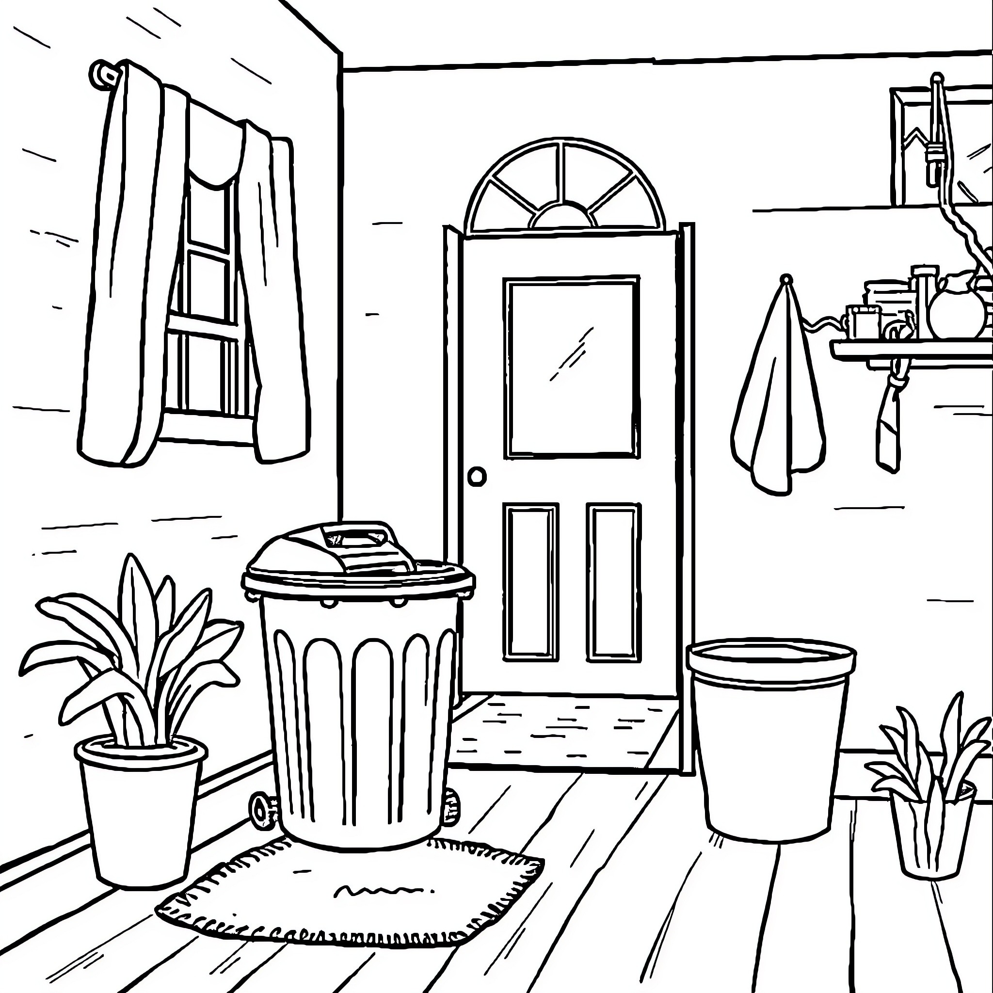 House with Everyday Household Items and Decor Coloring Page (free black-and-white line drawing printable PDF for all, from beginners to advanced learners, including children, teens, adults, and seniors)