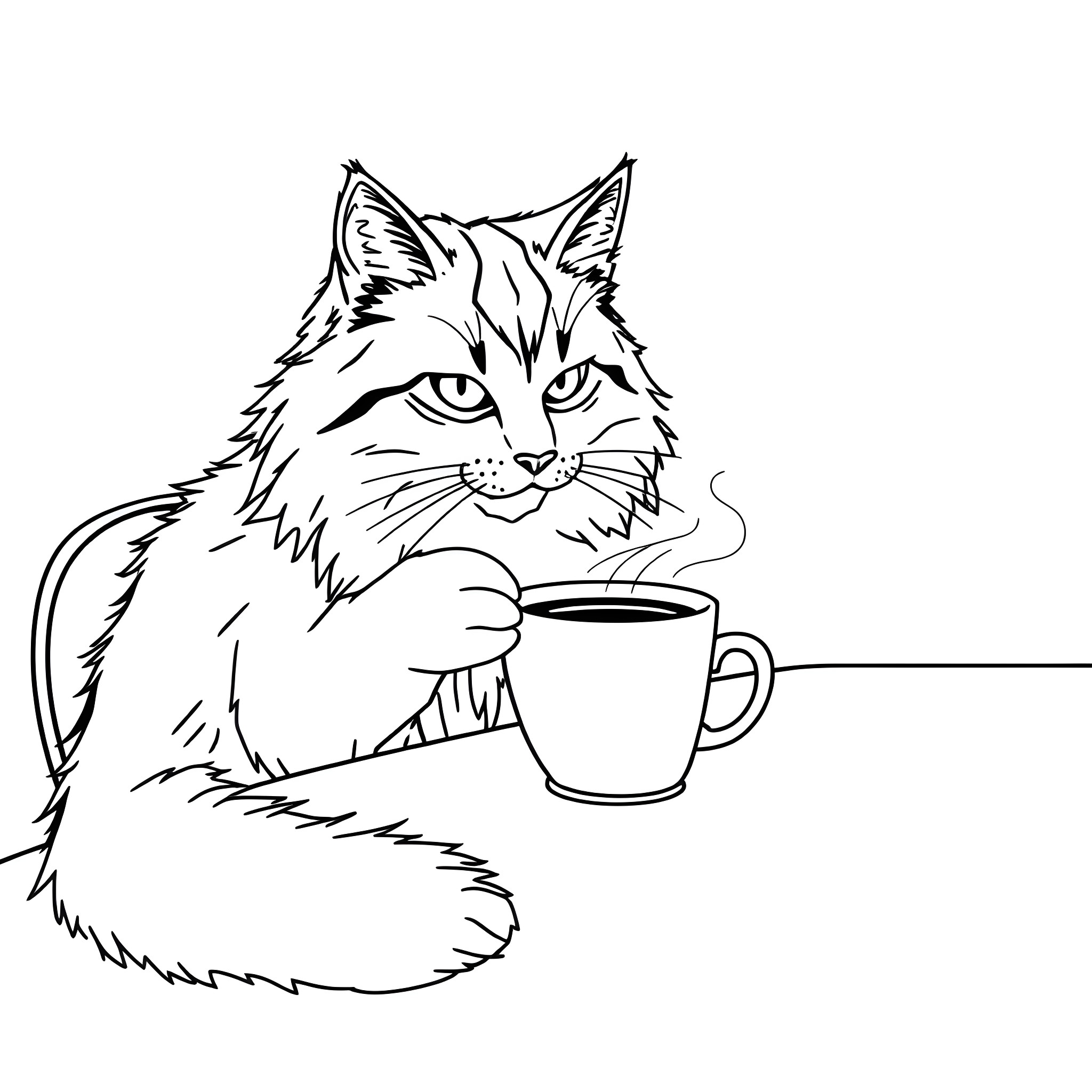 Cat drinking coffee contentedly Coloring Page (free black-and-white line drawing printable PDF for all, from beginners to advanced learners, including children, teens, adults, and seniors)