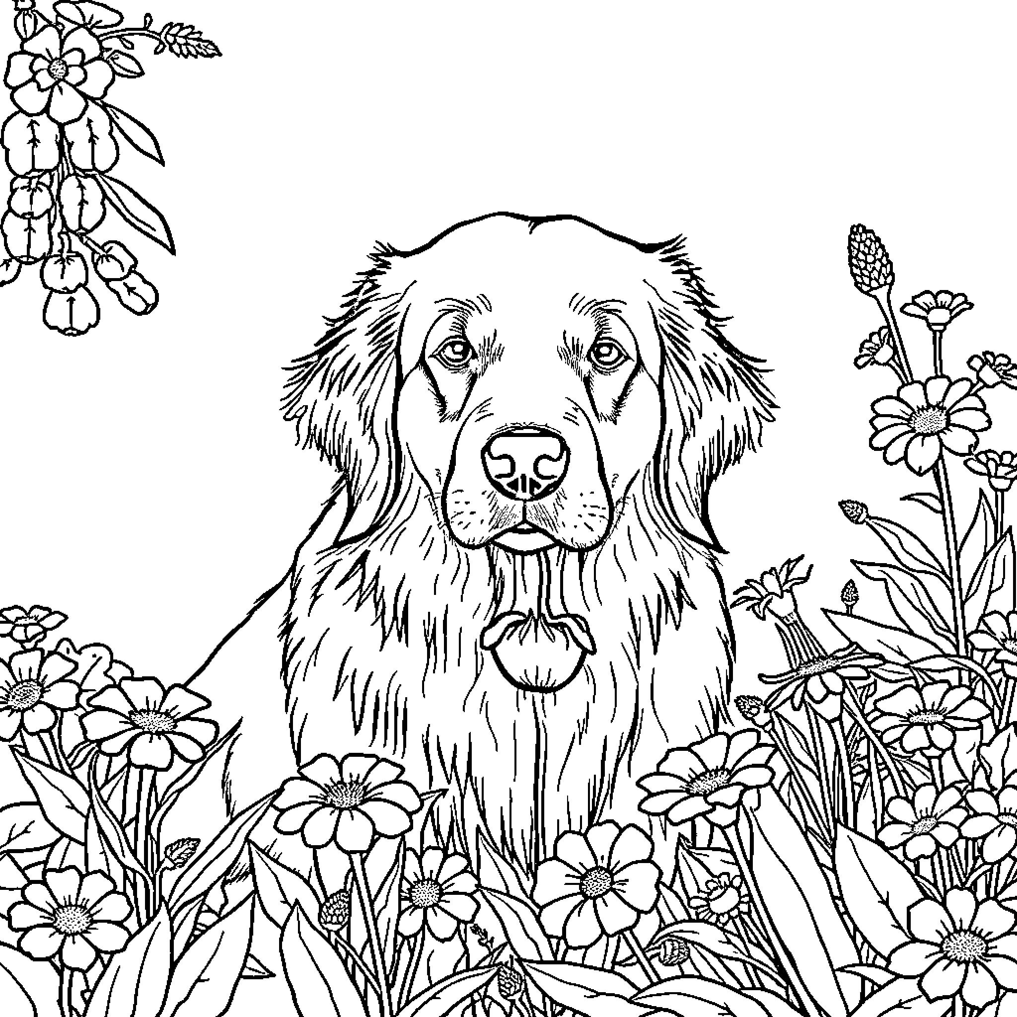 Golden Retriever enjoying a floral garden Coloring Page (free black-and-white line drawing printable PDF for all, from beginners to advanced learners, including children, teens, adults, and seniors)