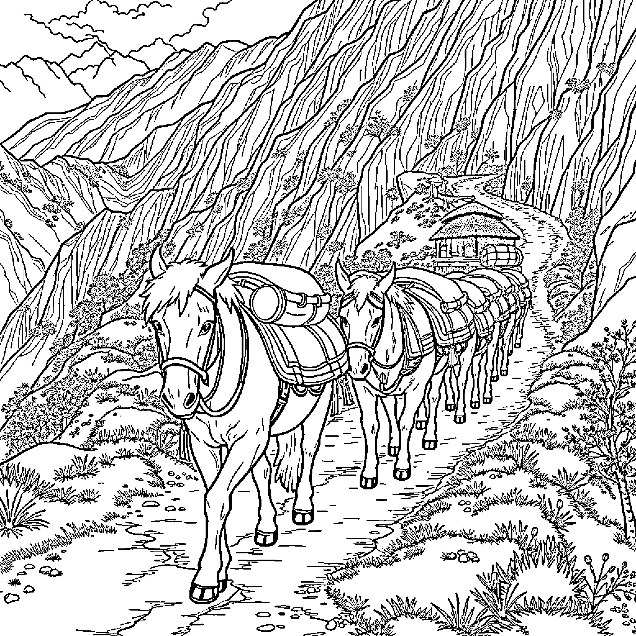 Mule caravan traversing rugged mountain landscape Coloring Page (free black-and-white line drawing printable PDF for all, from beginners to advanced learners, including children, teens, adults, and seniors)