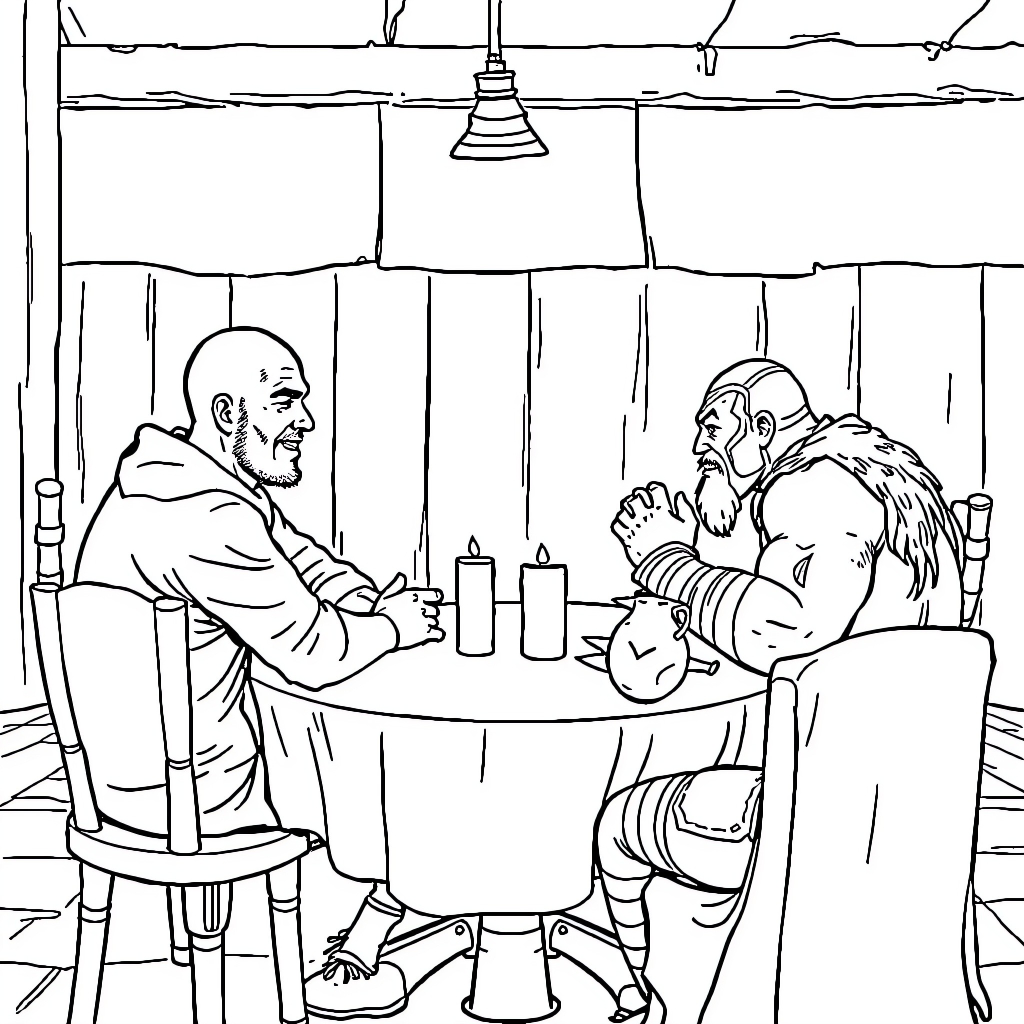 Dungeons and Dragons characters playing a game Coloring Page (free black-and-white line drawing printable PDF for all, from beginners to advanced learners, including children, teens, adults, and seniors)
