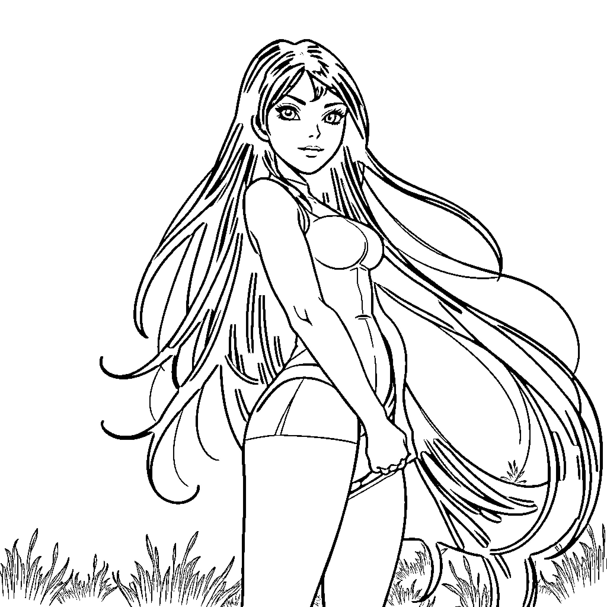 Nico Robin relaxing in a serene meadow Coloring Page (free black-and-white line drawing printable PDF for all, from beginners to advanced learners, including children, teens, adults, and seniors)
