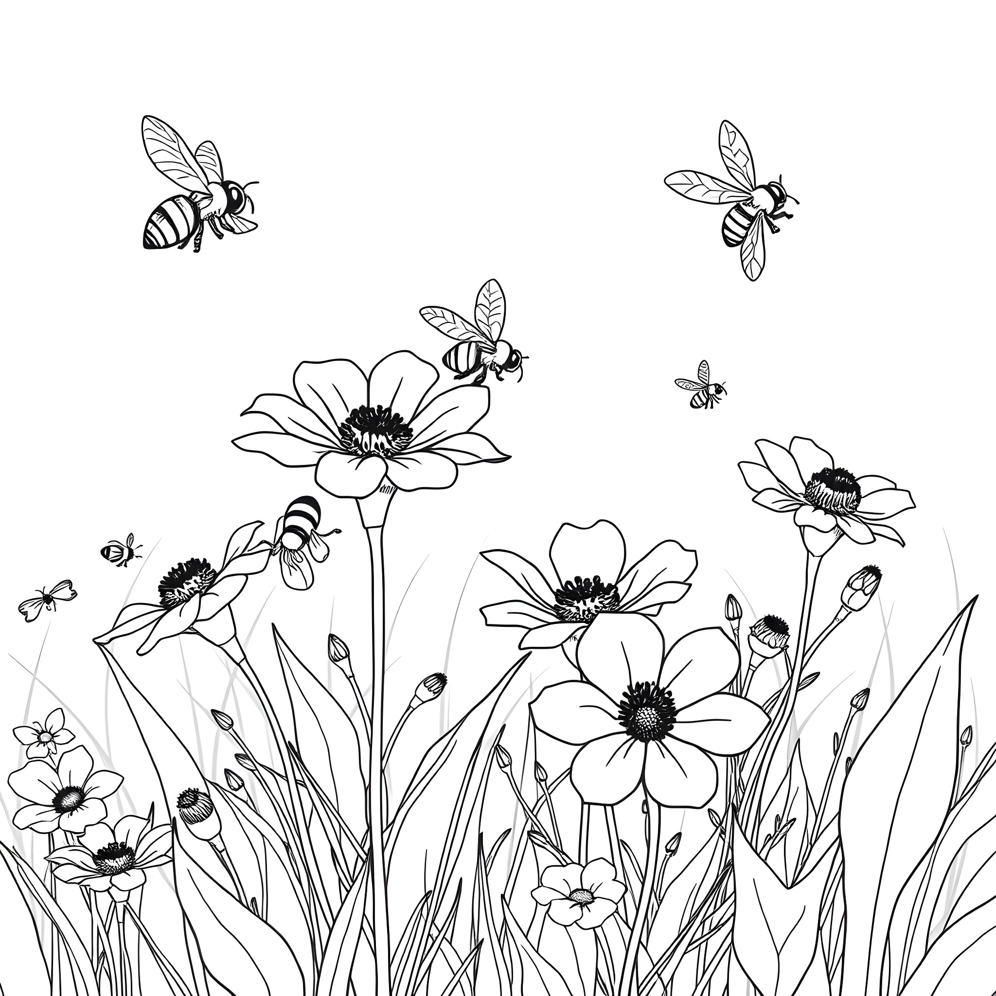 Bees Buzzing Amidst Blooming Flowers Coloring Page (free black-and-white line drawing printable PDF for all, from beginners to advanced learners, including children, teens, adults, and seniors)