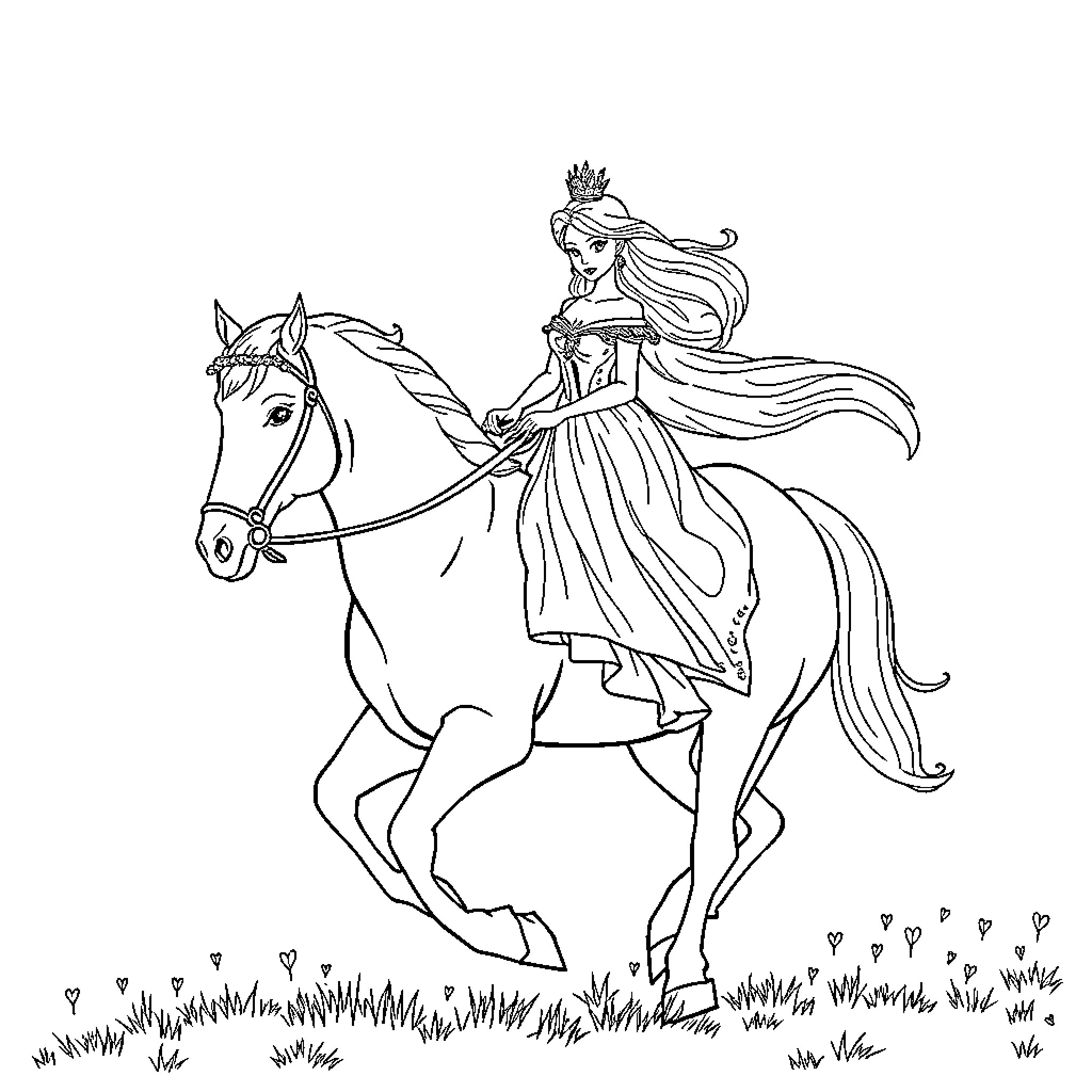 Princess Riding Gracefully on Horse in Field Coloring Page (free black-and-white line drawing printable PDF for all, from beginners to advanced learners, including children, teens, adults, and seniors)