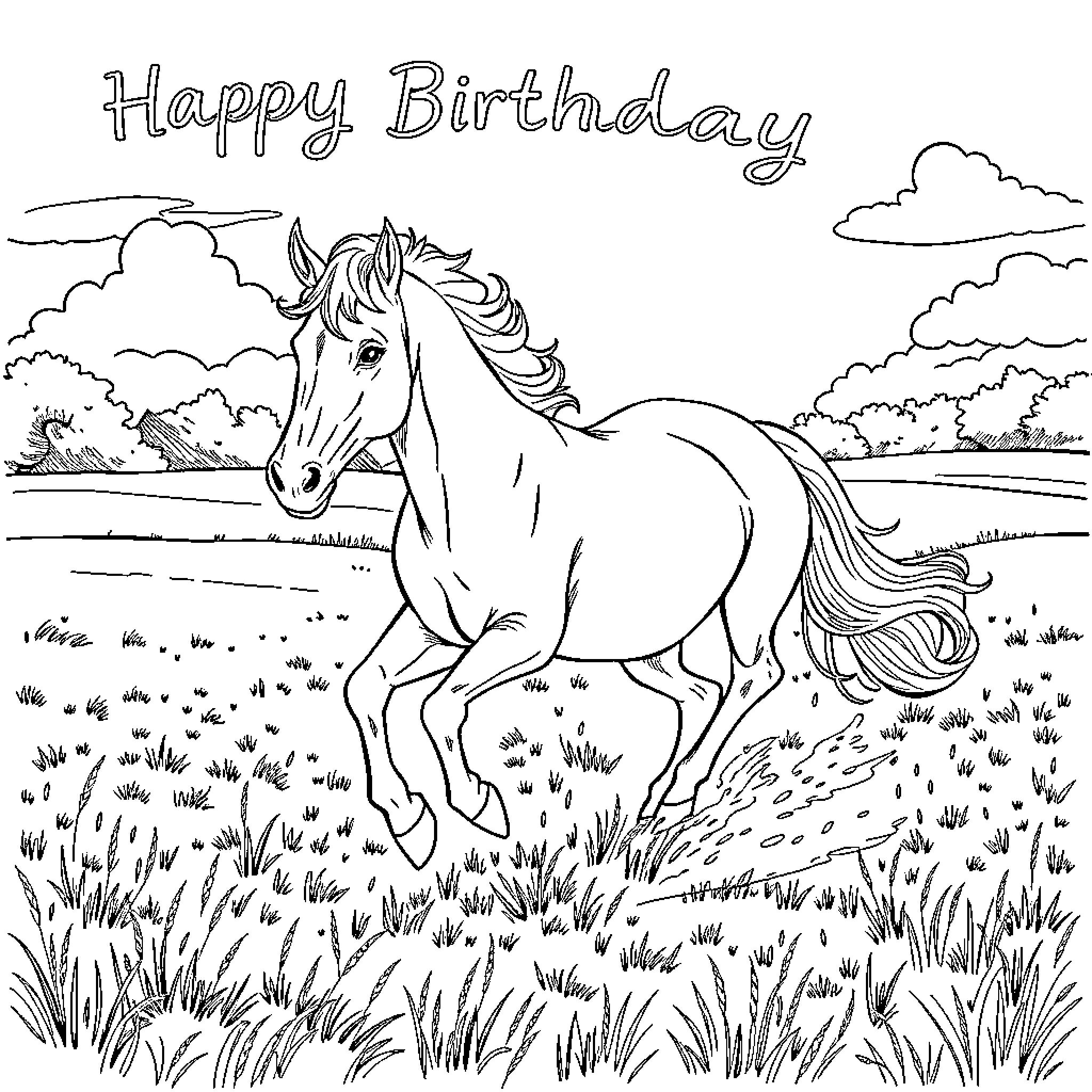 Spirit of the Meadow: A Joyful Birthday Celebration Coloring Page (free black-and-white line drawing printable PDF for all, from beginners to advanced learners, including children, teens, adults, and seniors)
