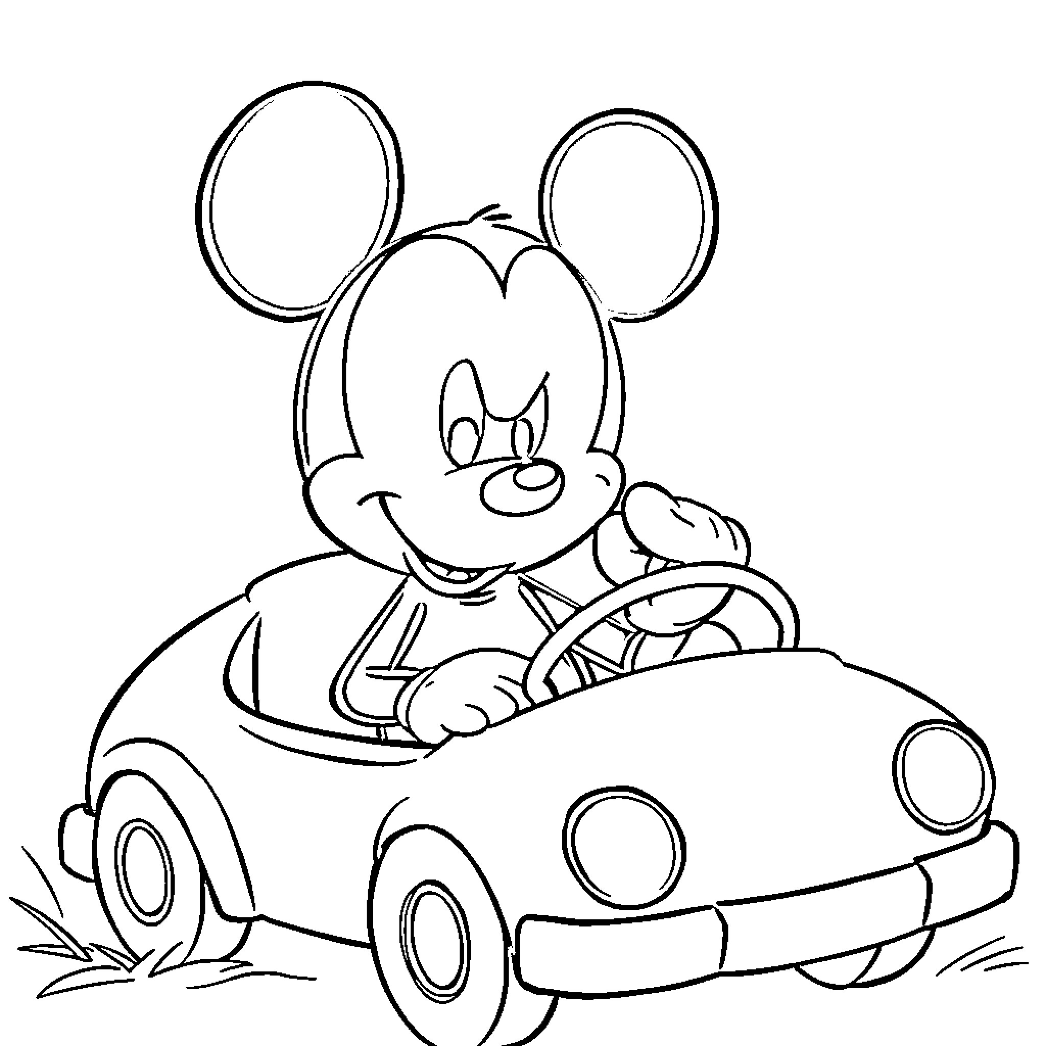 Mickey Mouse driving a toy car Coloring Page (free black-and-white line drawing printable PDF for all, from beginners to advanced learners, including children, teens, adults, and seniors)
