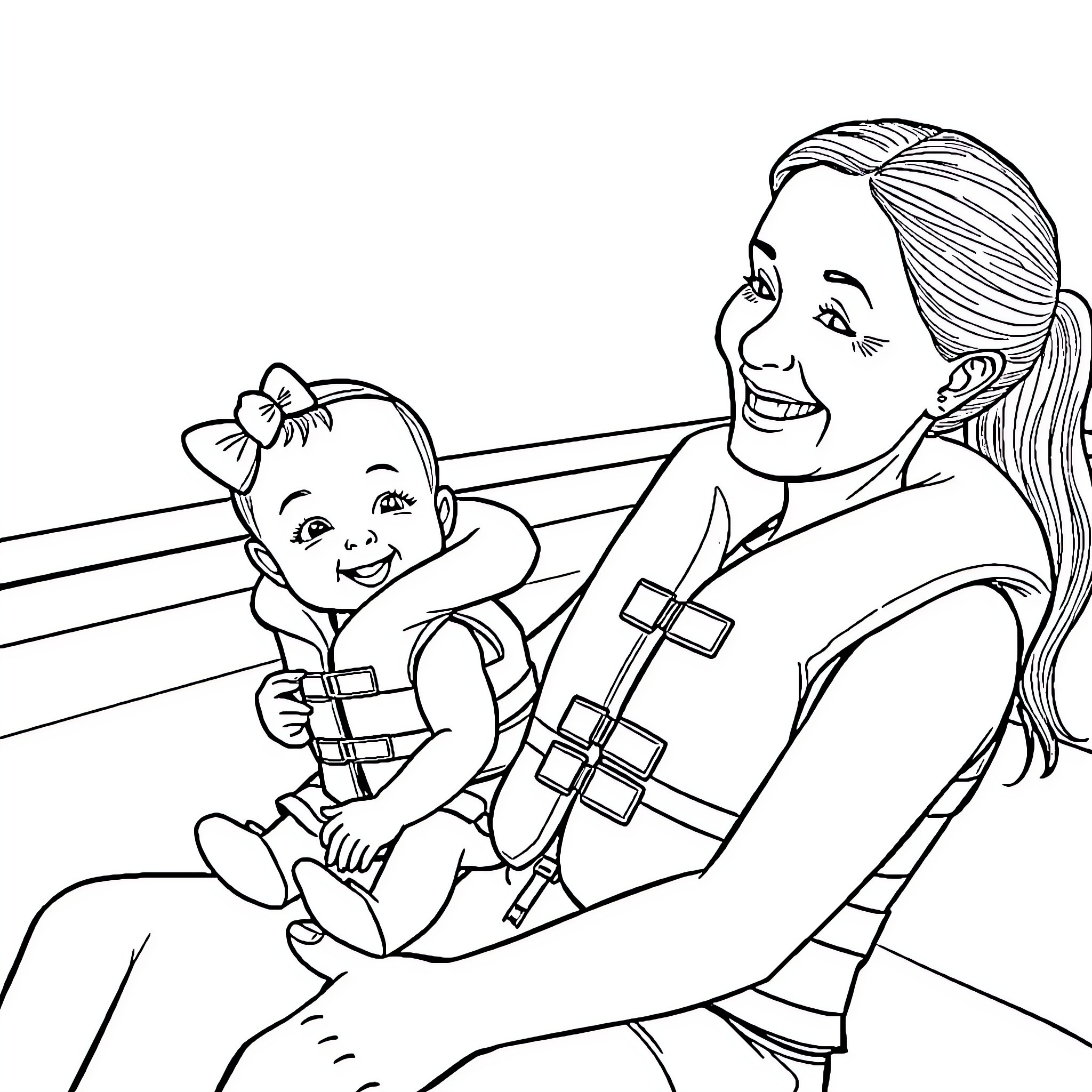Baby Girl Enjoying Outdoor Adventure with Mother Coloring Page (free black-and-white line drawing printable PDF for all, from beginners to advanced learners, including children, teens, adults, and seniors)