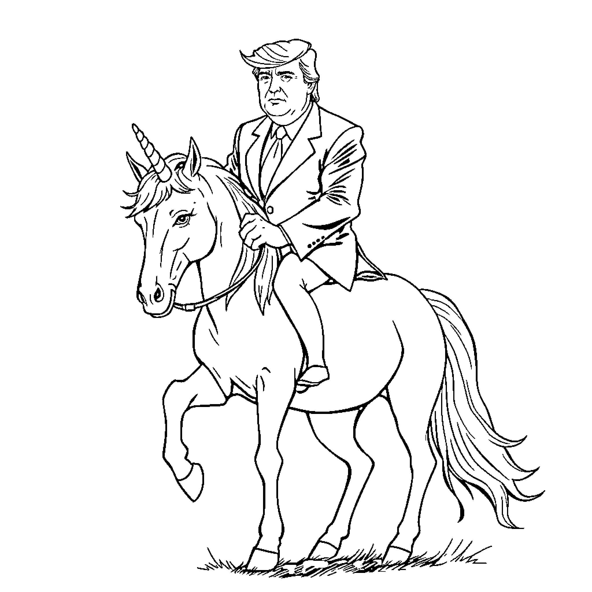 Donald Trump riding a unicorn in a suit Coloring Page (free black-and-white line drawing printable PDF for all, from beginners to advanced learners, including children, teens, adults, and seniors)