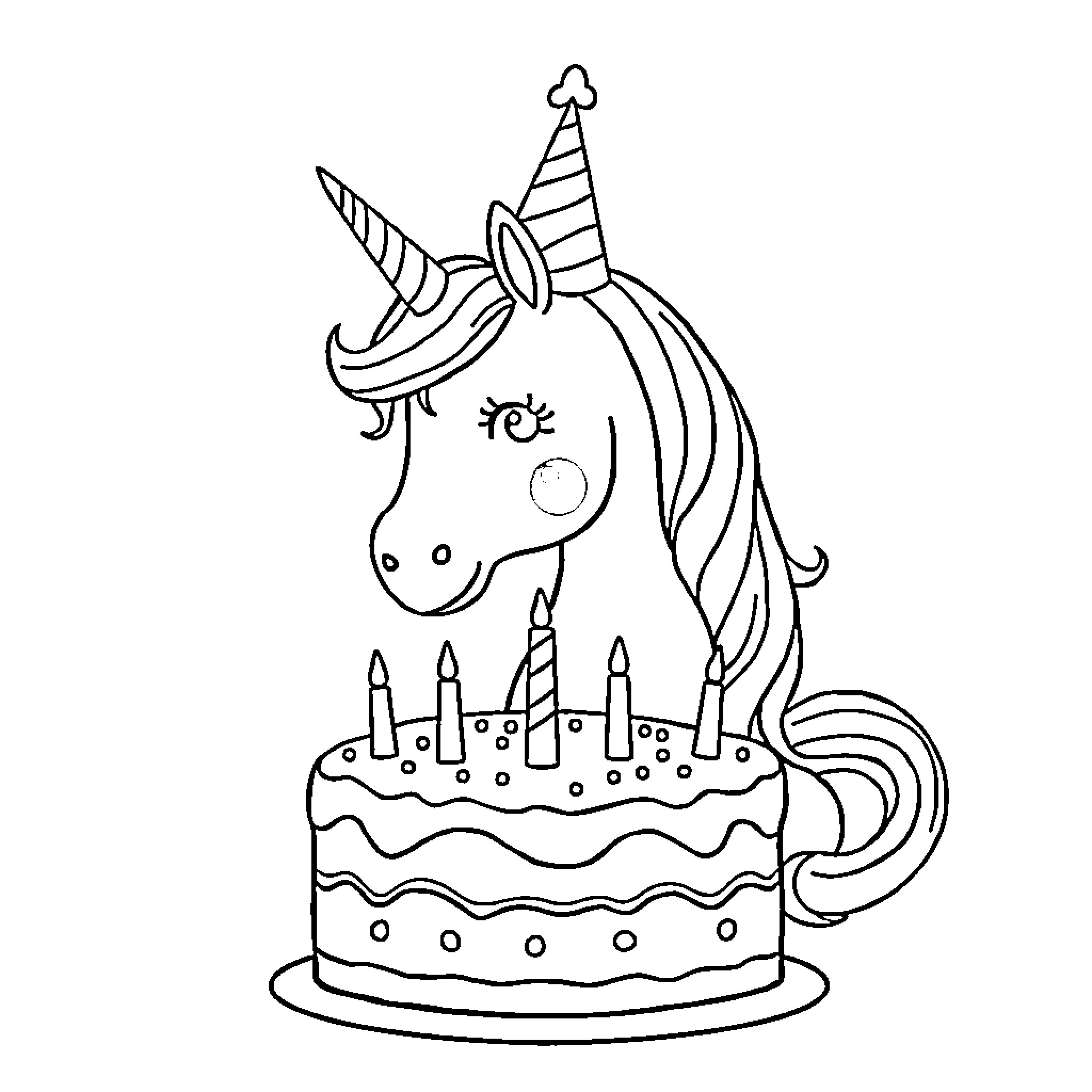 Unicorn celebrating with birthday cake Coloring Page (free black-and-white line drawing printable PDF for all, from beginners to advanced learners, including children, teens, adults, and seniors)