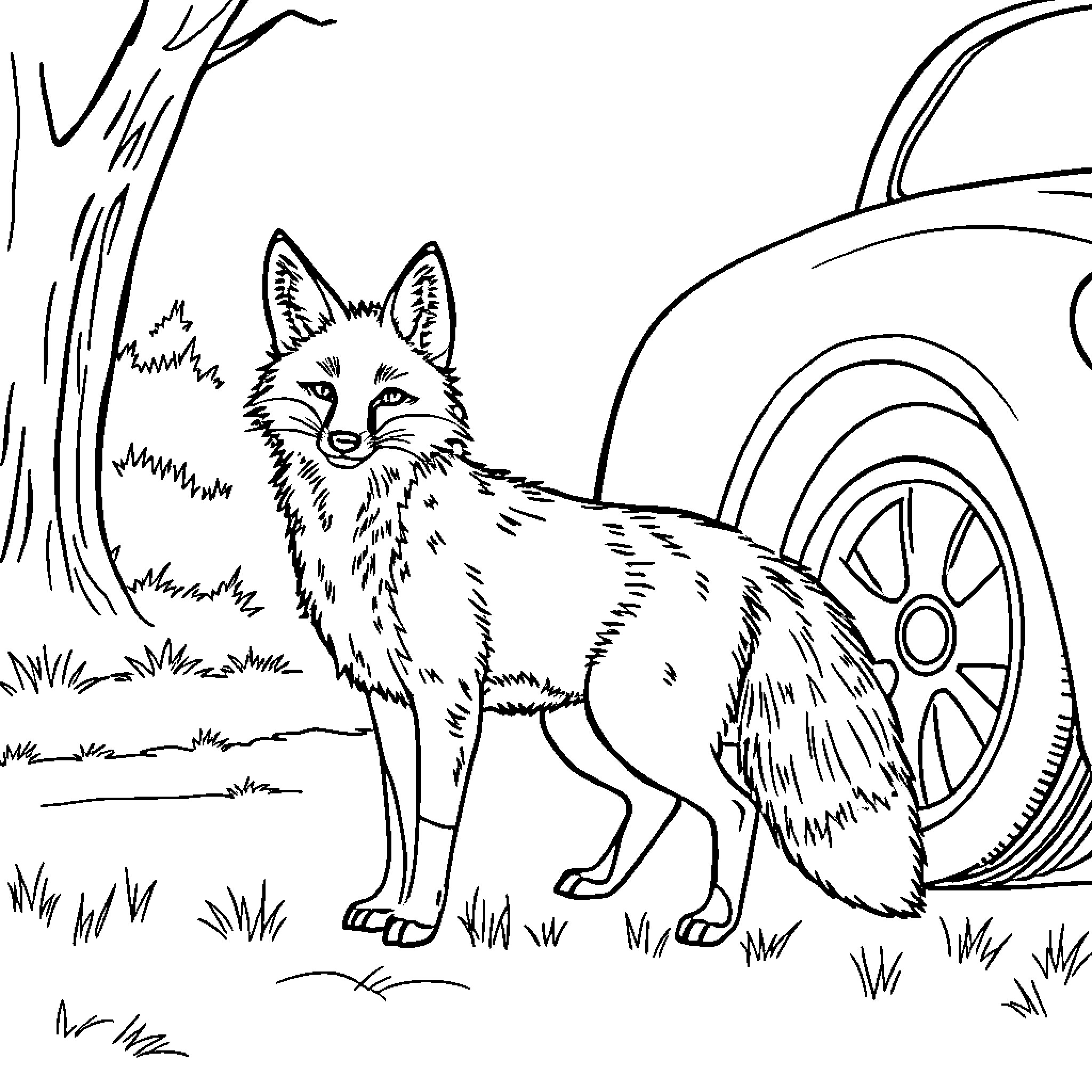 Fox in nature near vehicle Coloring Page (free black-and-white line drawing printable PDF for all, from beginners to advanced learners, including children, teens, adults, and seniors)