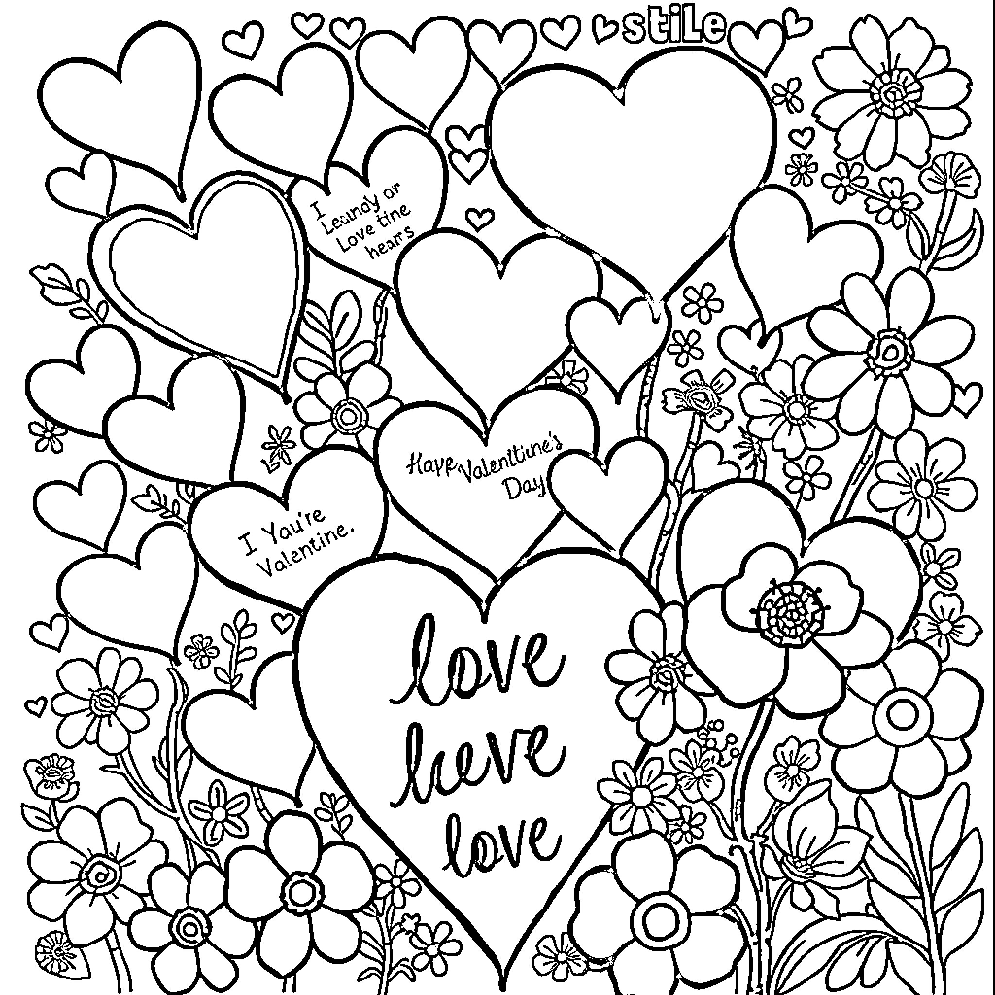 Valentine's Floral Hearts and Greetings Coloring Page (free black-and-white line drawing printable PDF for all, from beginners to advanced learners, including children, teens, adults, and seniors)