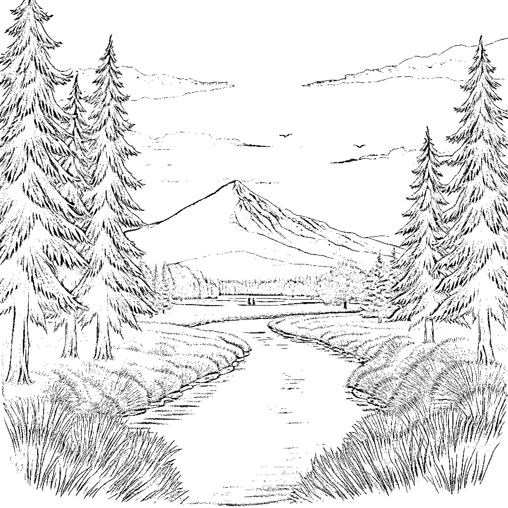 Landscape of a tranquil wilderness scene Coloring Page (free black-and-white line drawing printable PDF for all, from beginners to advanced learners, including children, teens, adults, and seniors)